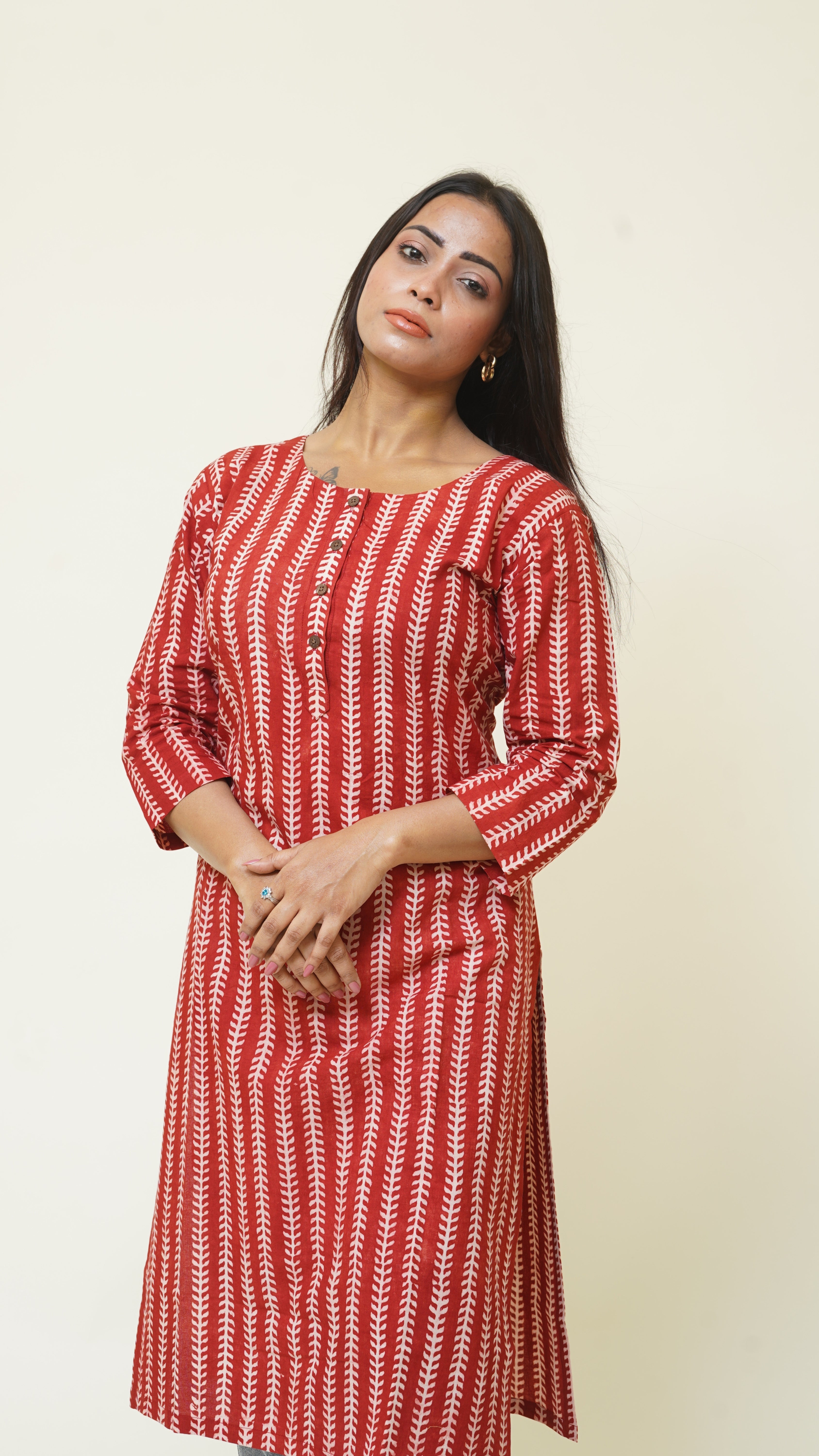 RED WHITE STRIPE BAGH PRINT KURTA