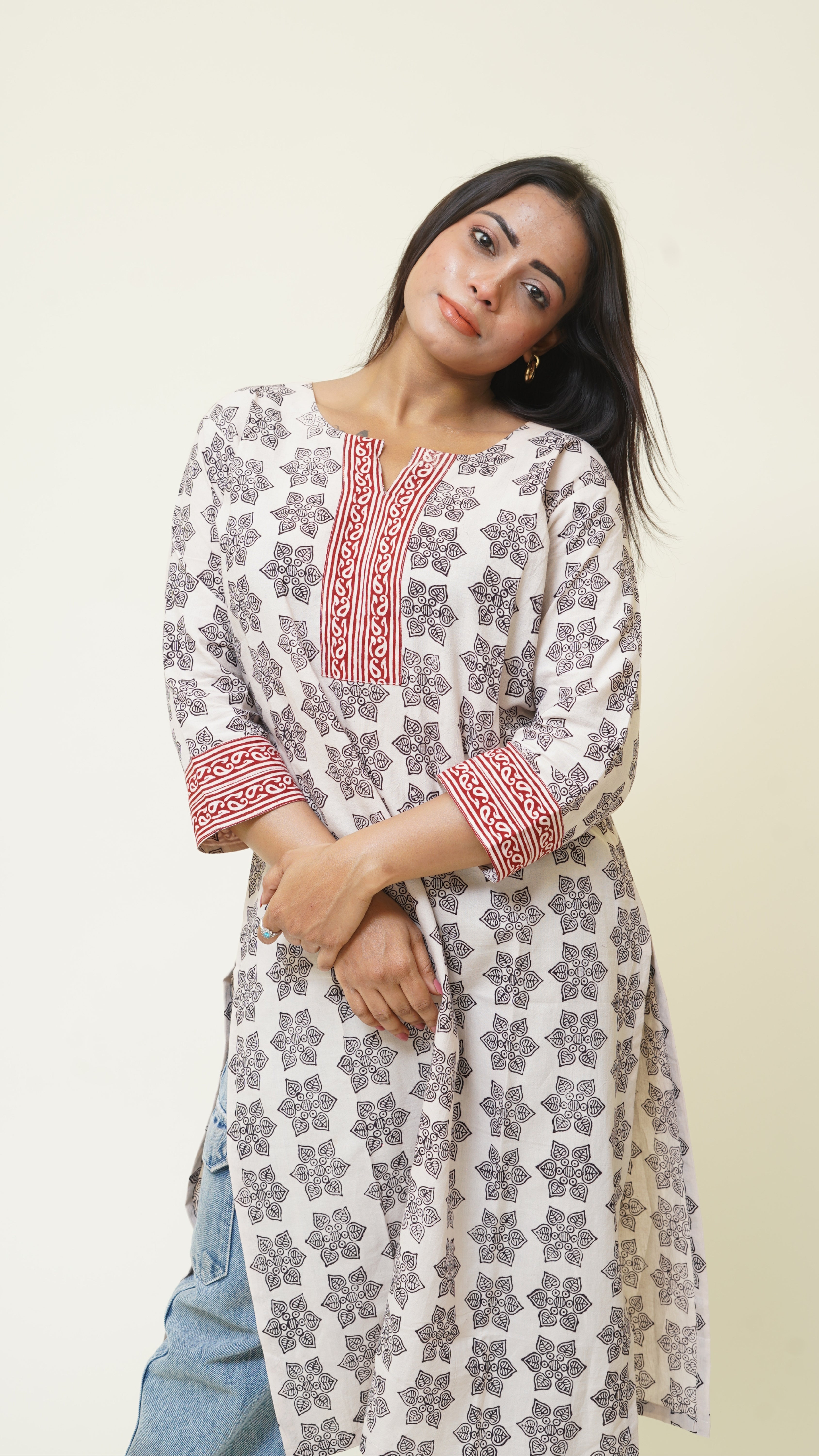 BEIGH BLACK RED BORDER KURTA