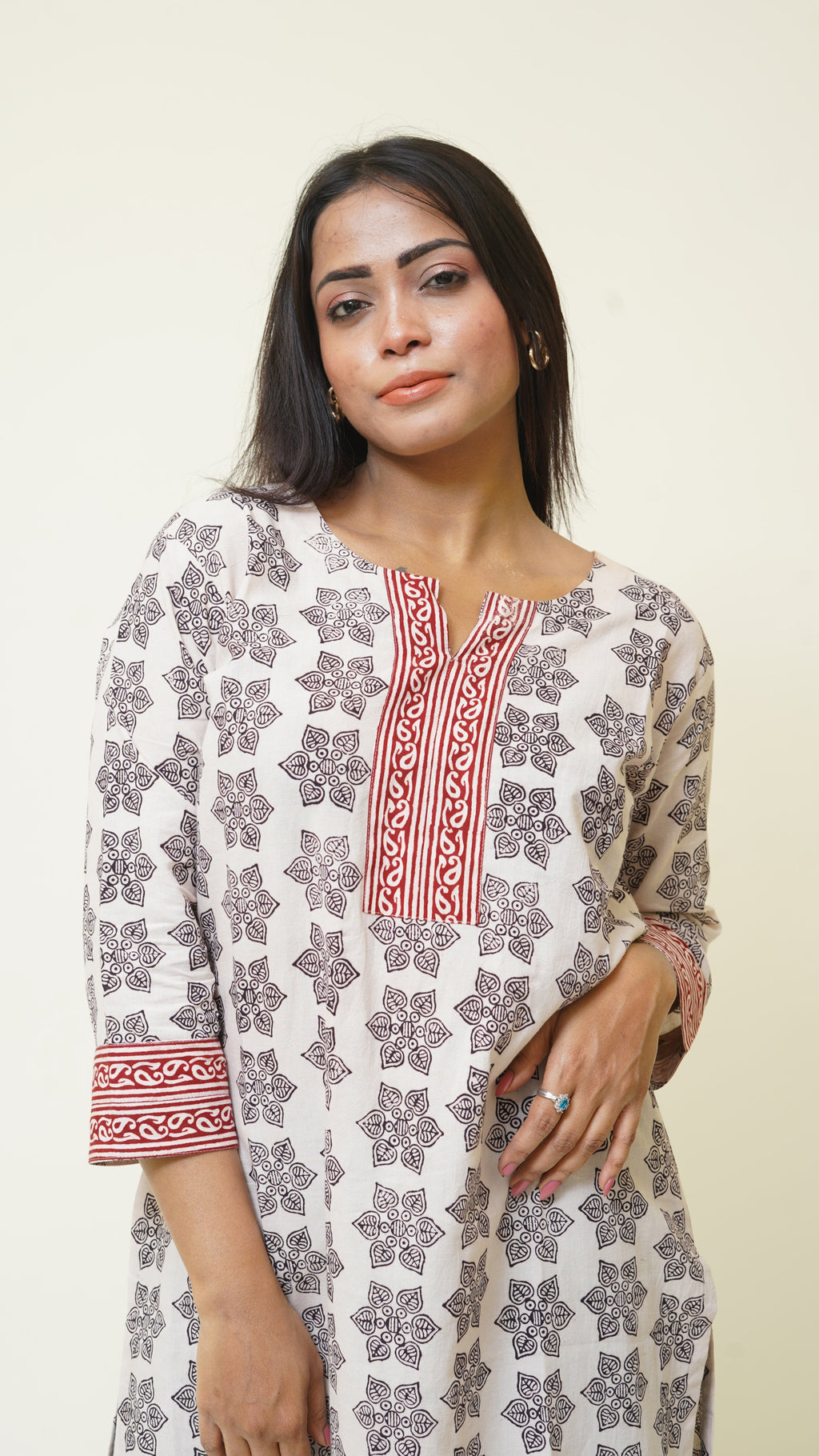 BEIGH BLACK RED BORDER KURTA