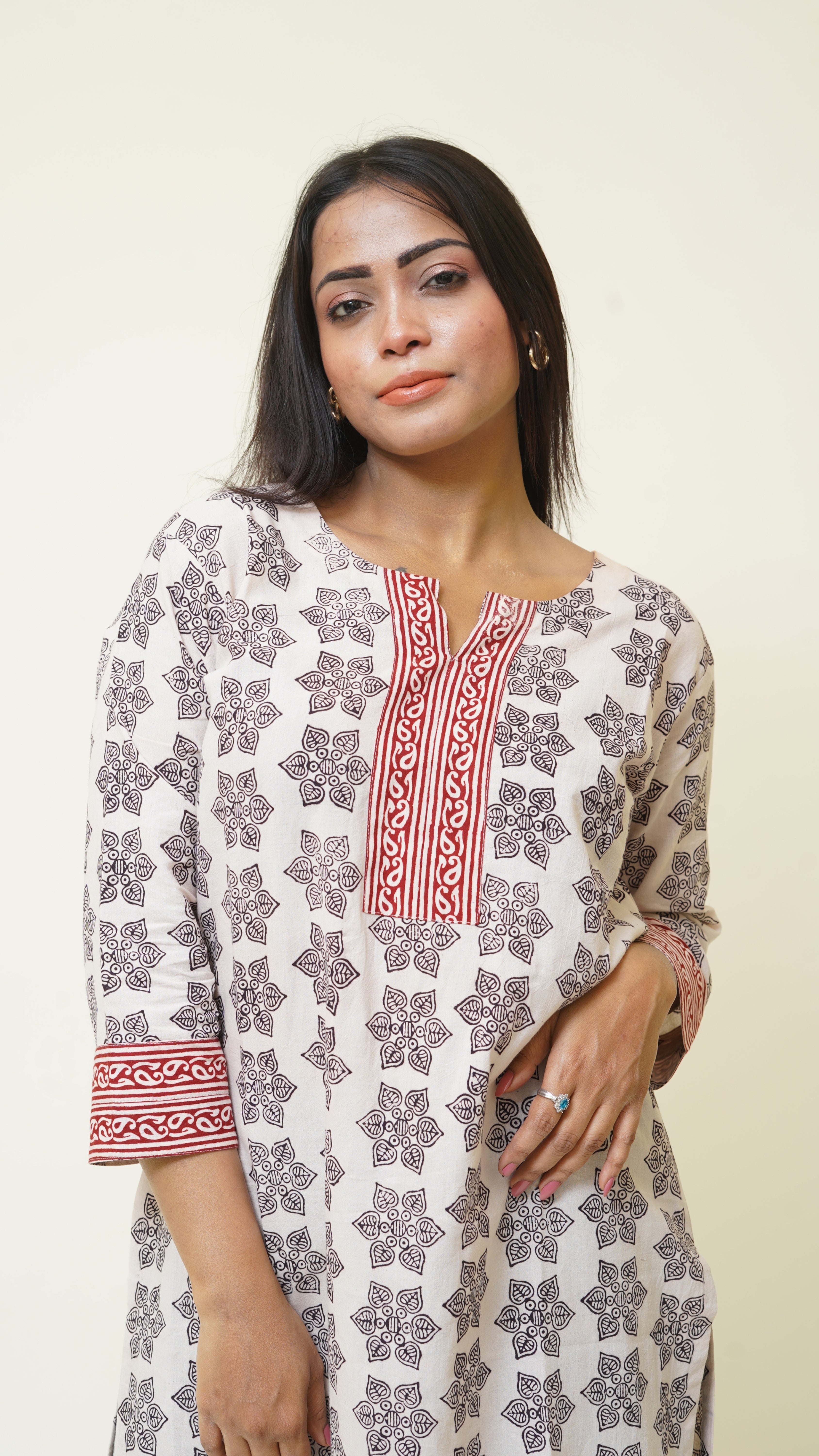 BEIGH BLACK RED BORDER KURTA