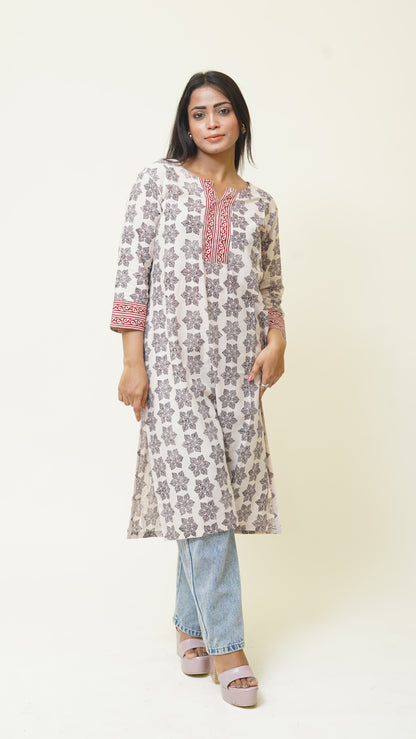 BEIGH BLACK RED BORDER KURTA