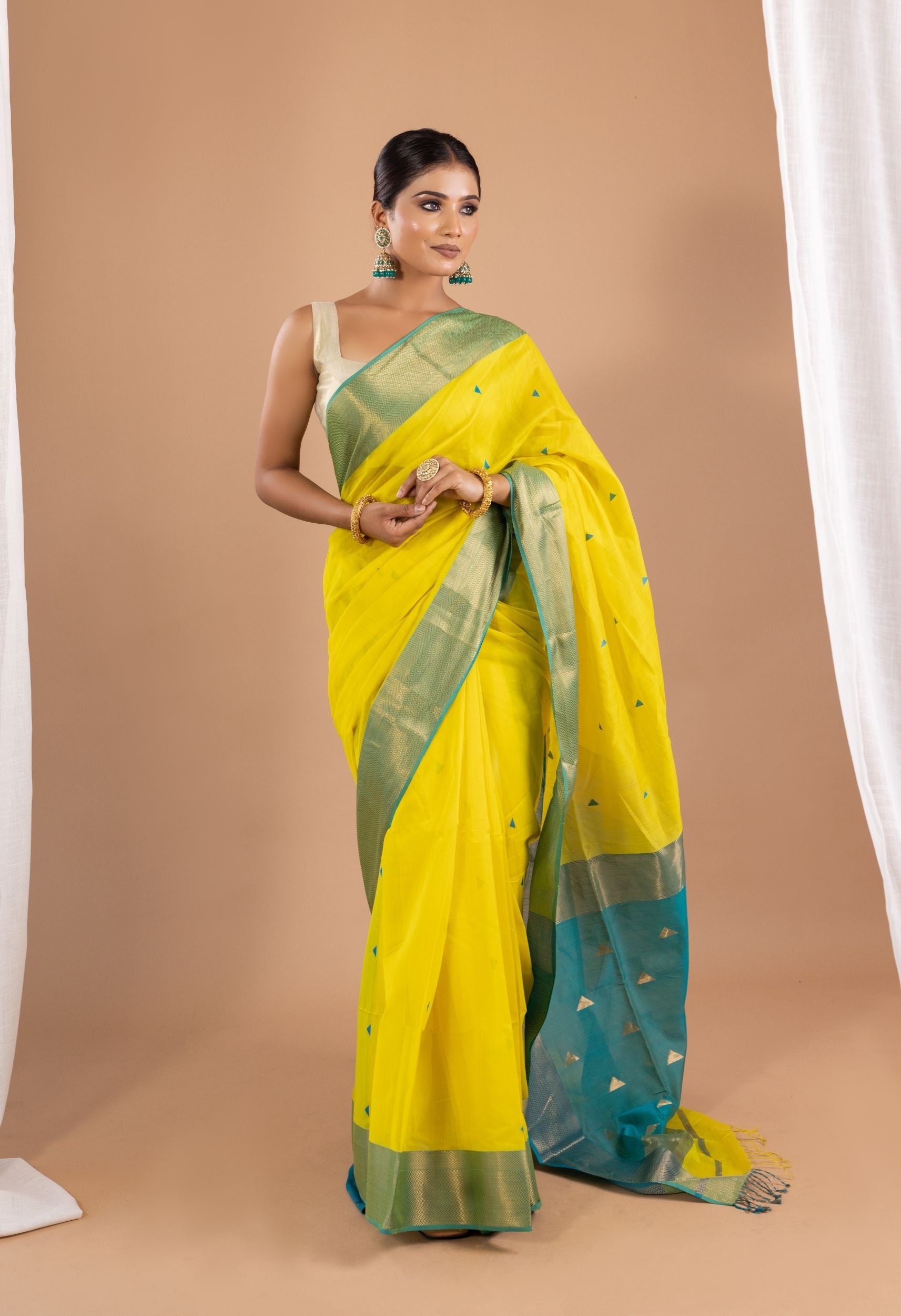 LEMON YELLOW BLUE MAHESHWARI SILK SAREE