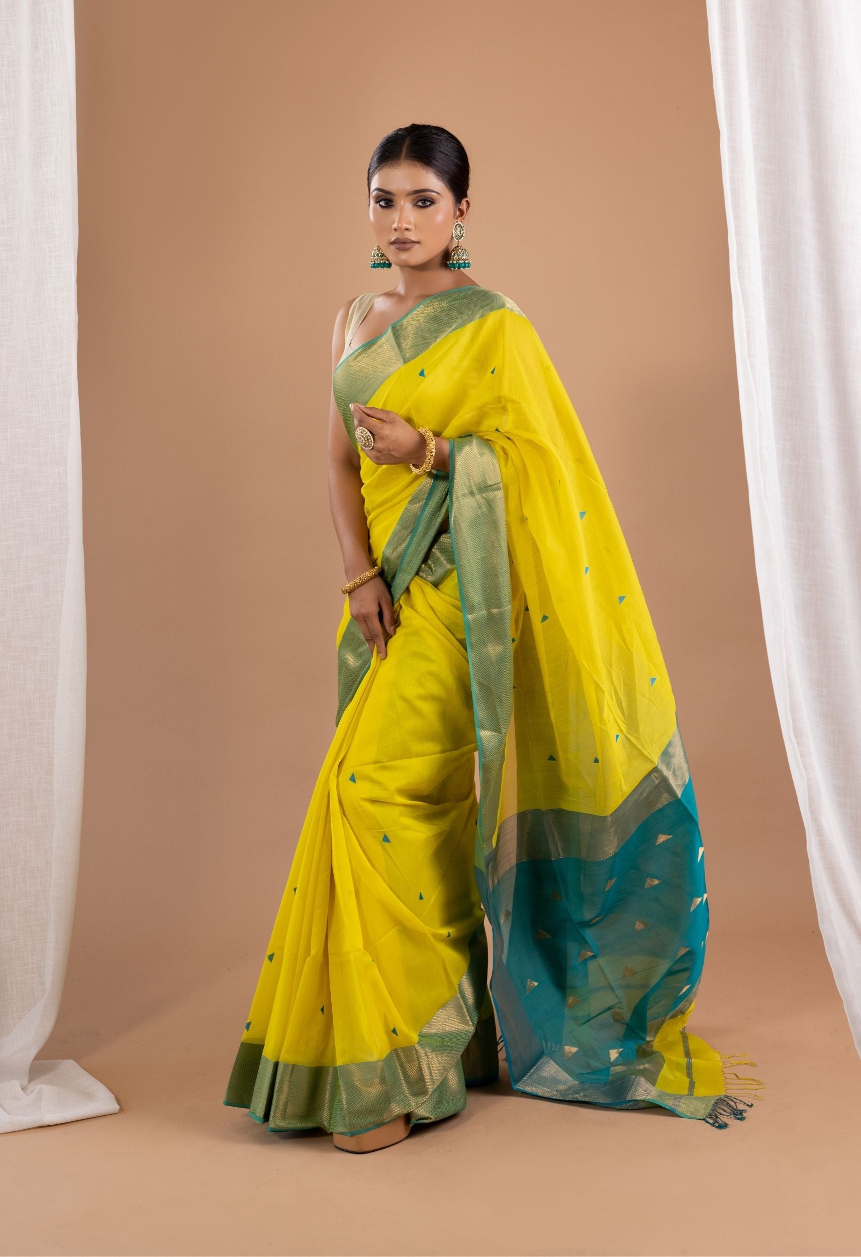 LEMON YELLOW BLUE MAHESHWARI SILK SAREE
