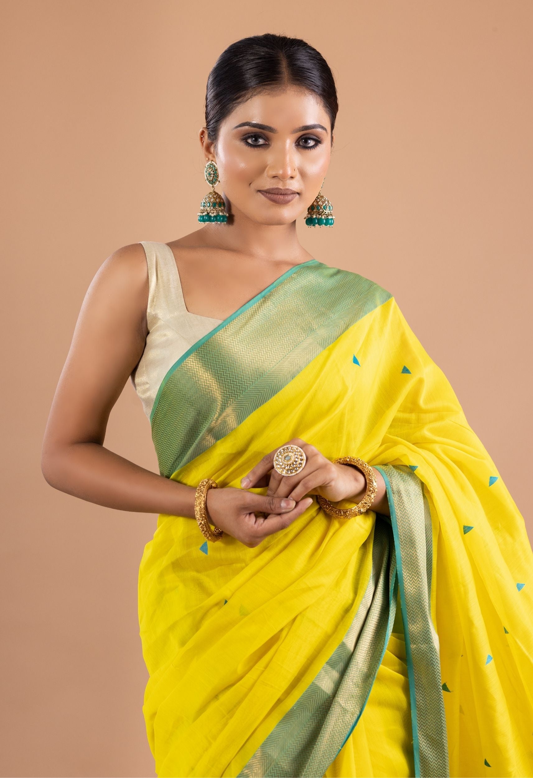 LEMON YELLOW BLUE MAHESHWARI SILK SAREE
