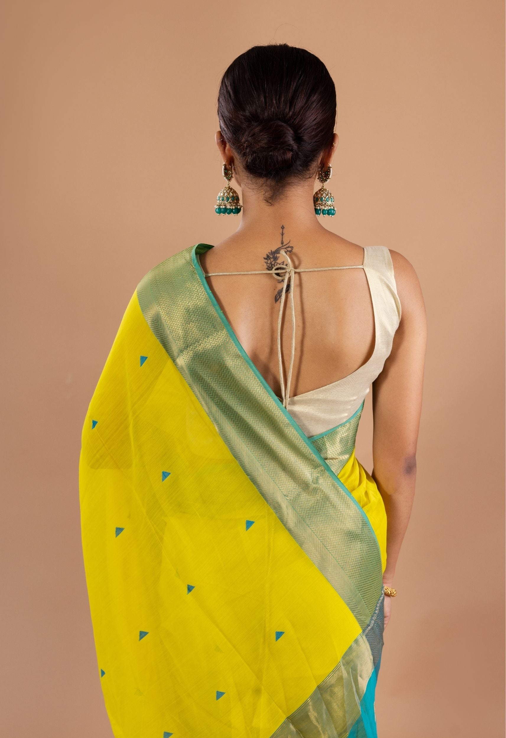 LEMON YELLOW BLUE MAHESHWARI SILK SAREE
