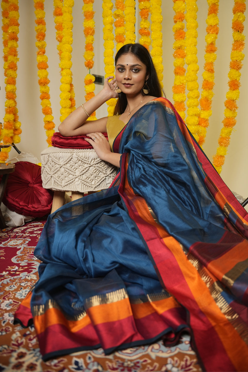 GRAPHID  BLUE MULTICOLOR SATTIN BORDER MAHESHWARI SAREE