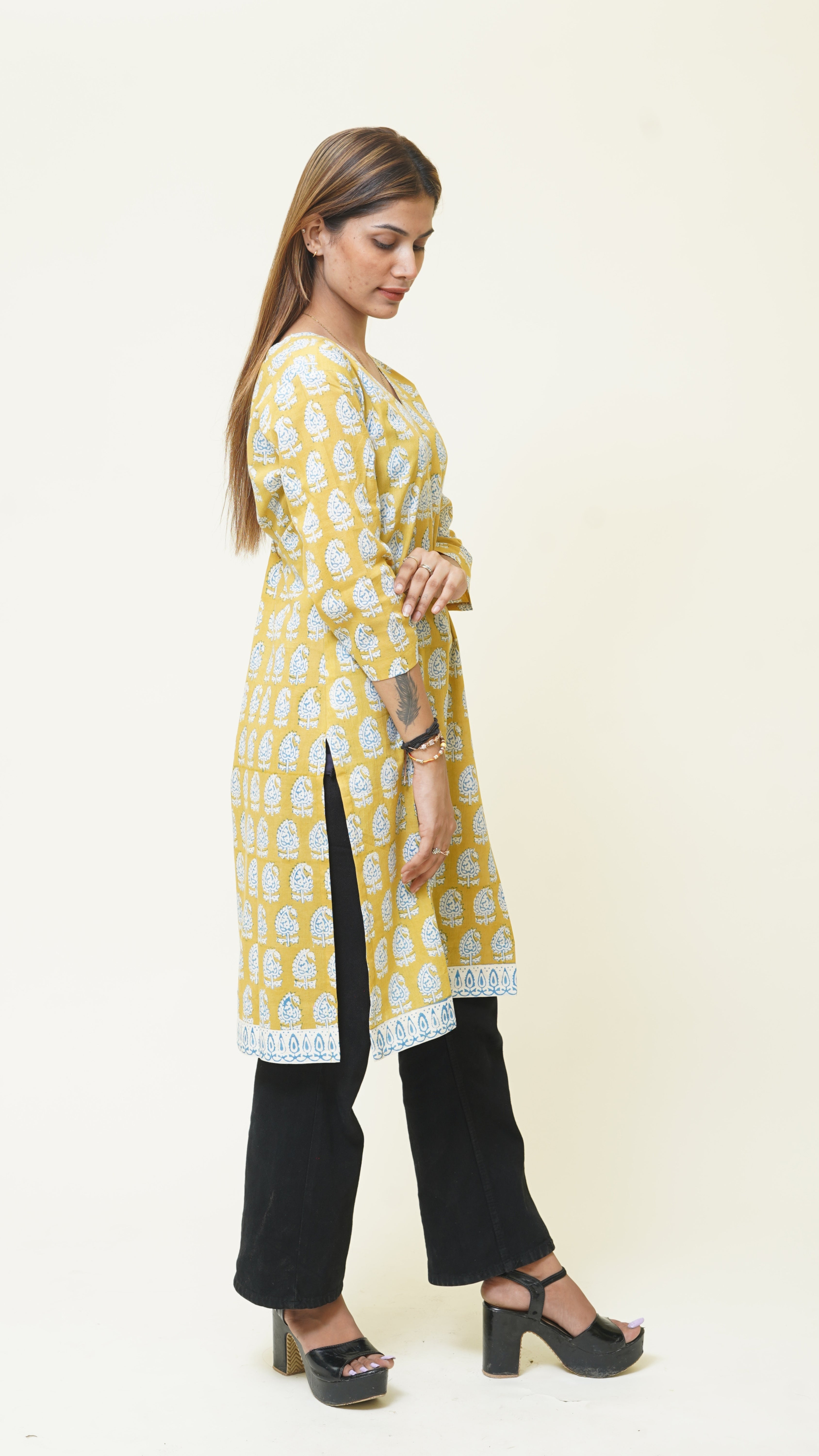 MUSTARD YELLOW BAGH PRINT KURTA