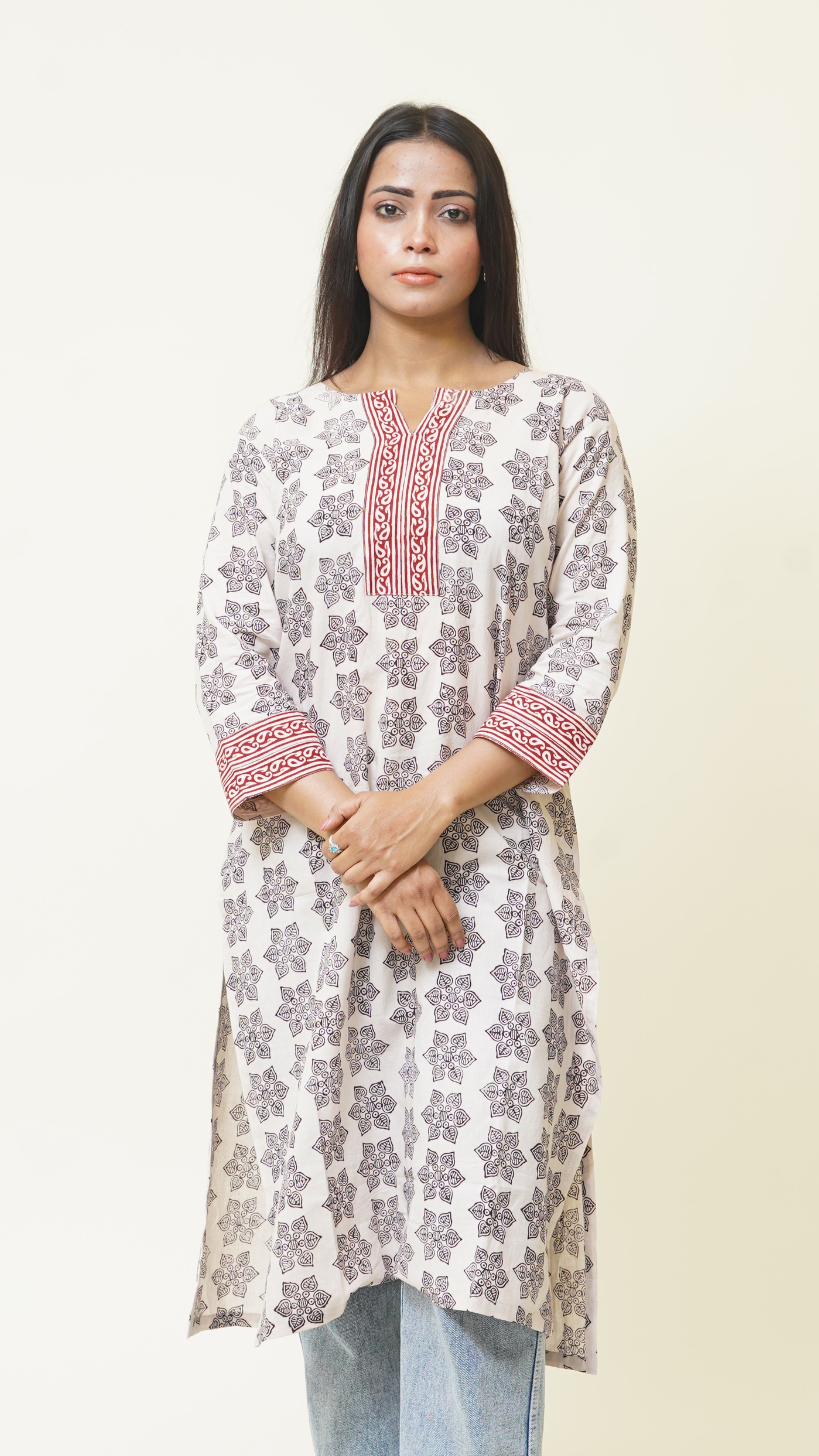 BEIGH BLACK RED BORDER KURTA