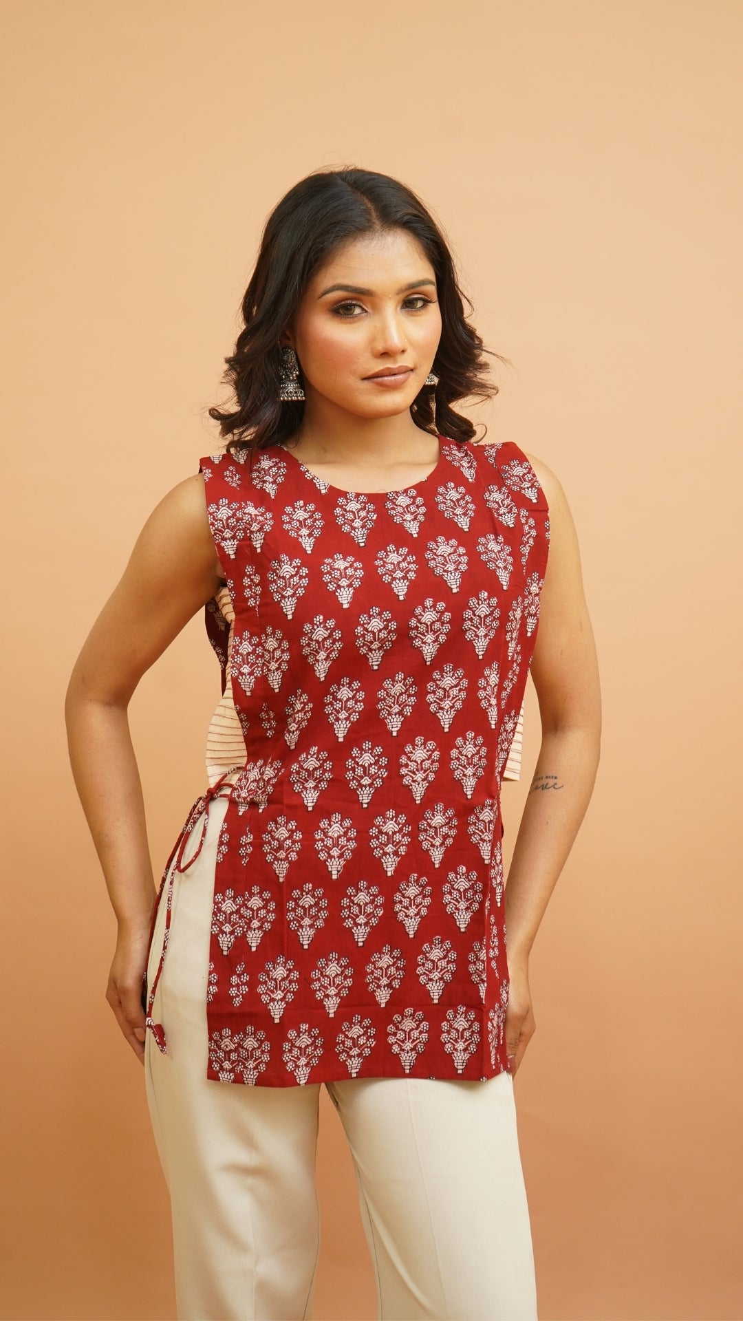 RED BEIGH BAGH PRINT SHORT KURTI