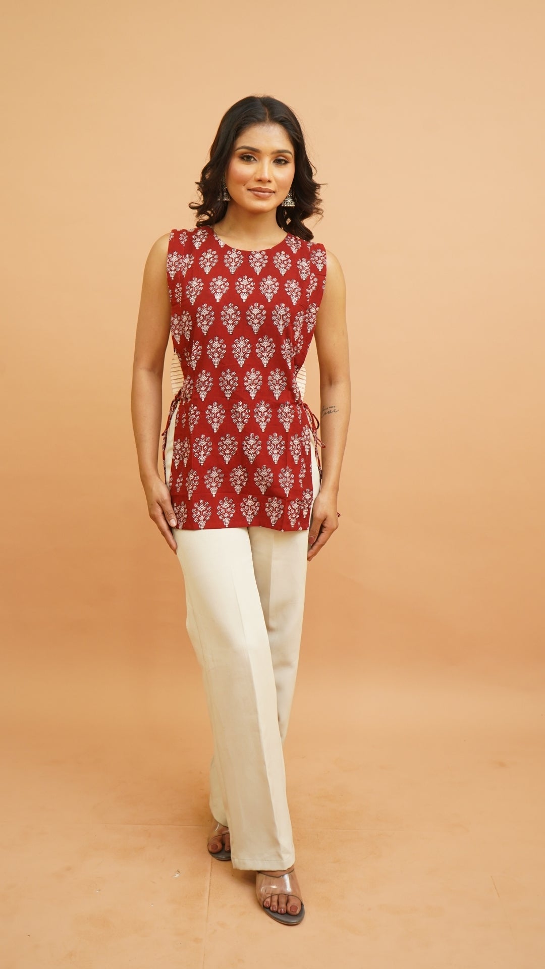 RED BEIGH BAGH PRINT SHORT KURTI