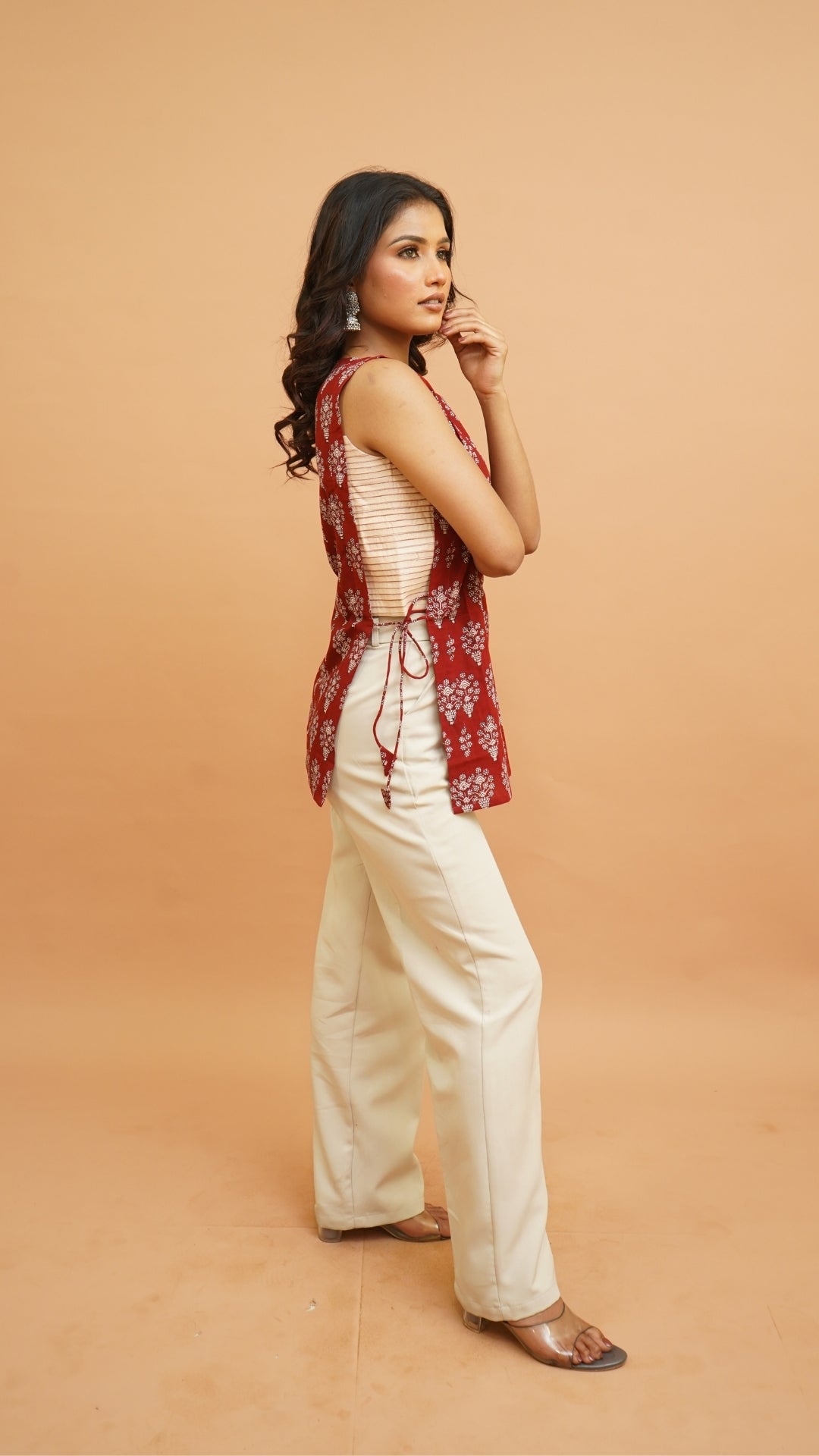 RED BEIGH BAGH PRINT SHORT KURTI