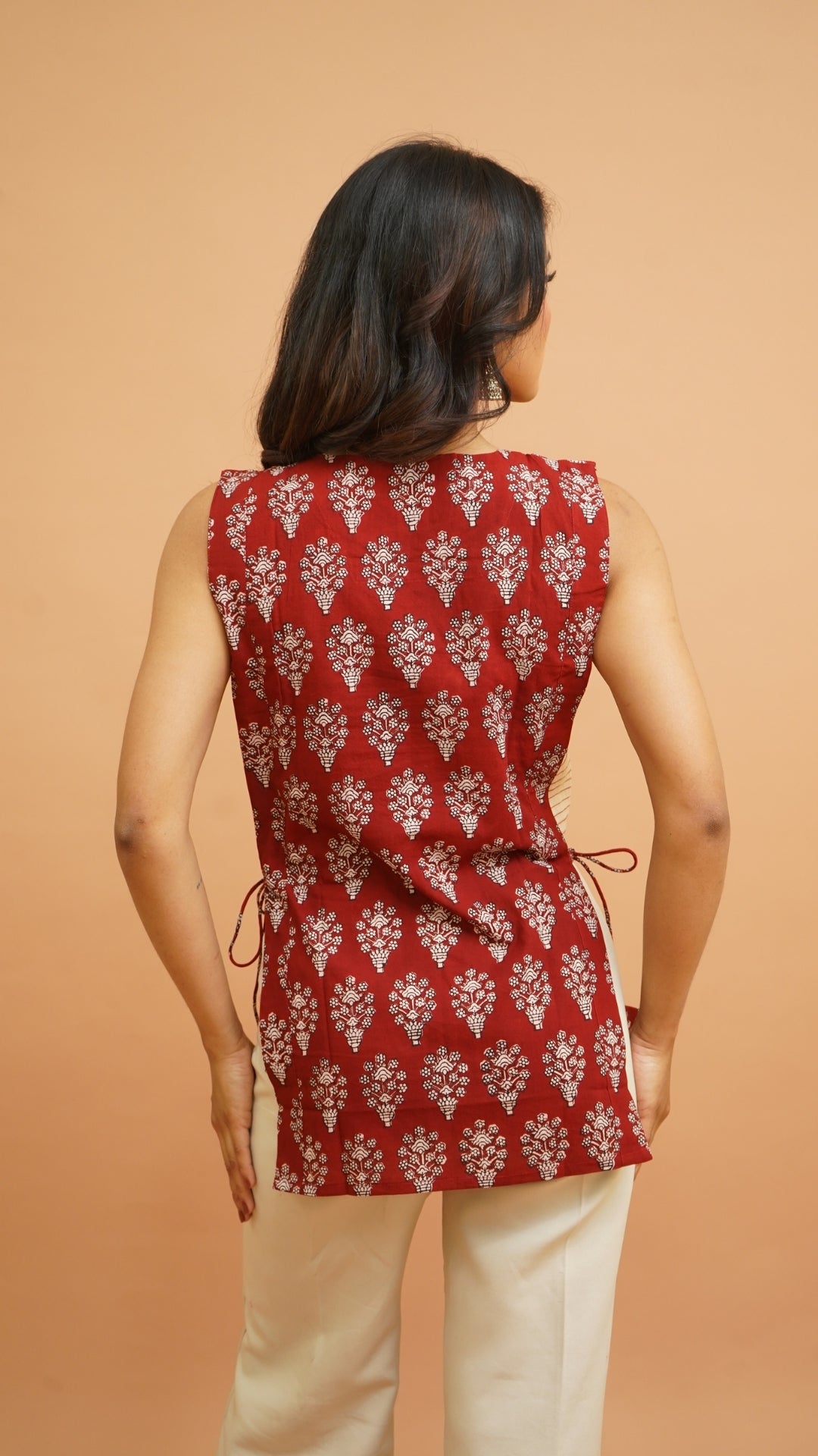RED BEIGH BAGH PRINT SHORT KURTI