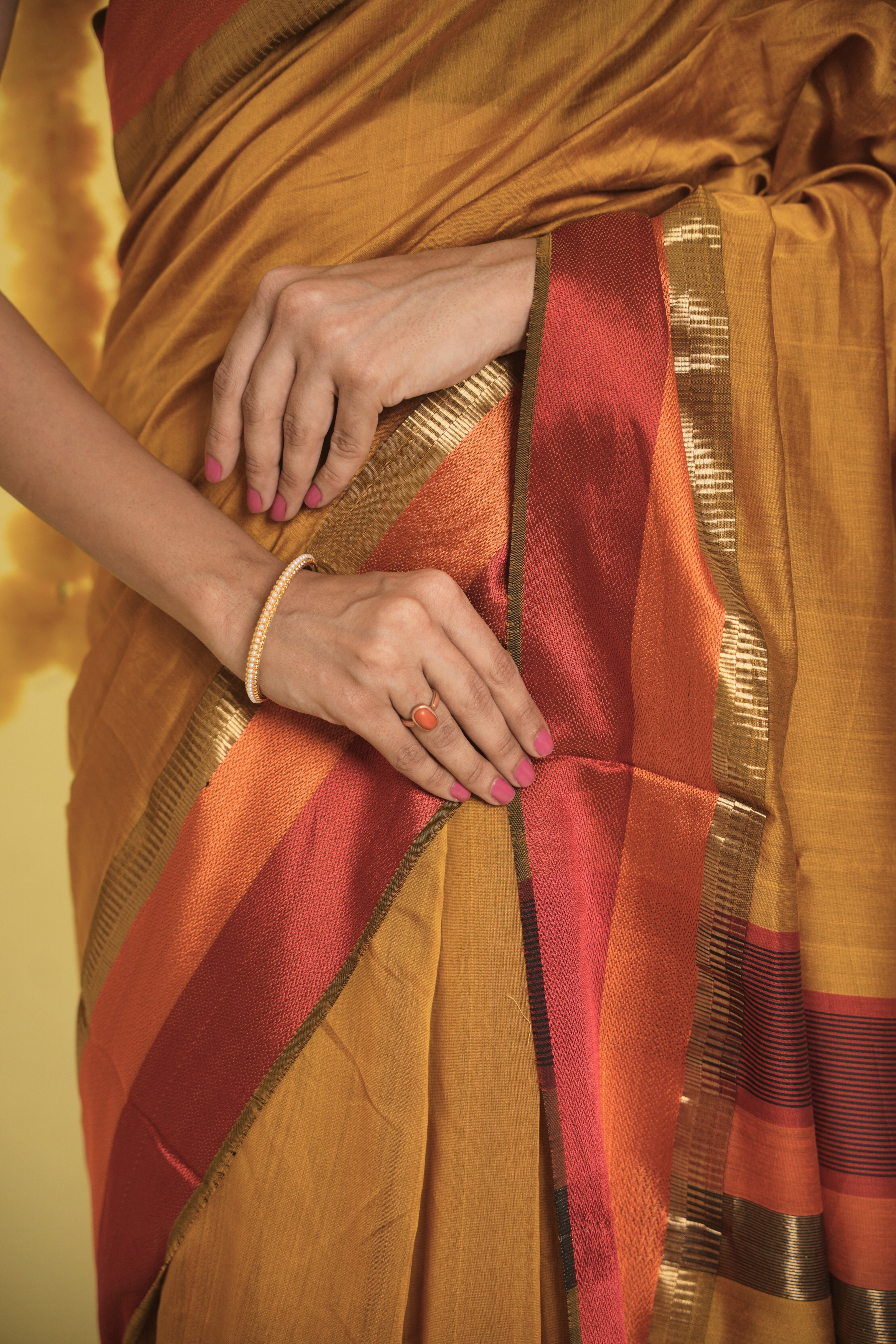 MARIGOLD MULTICOLOR SATTIN BORDER MAHESHWARI SAREE