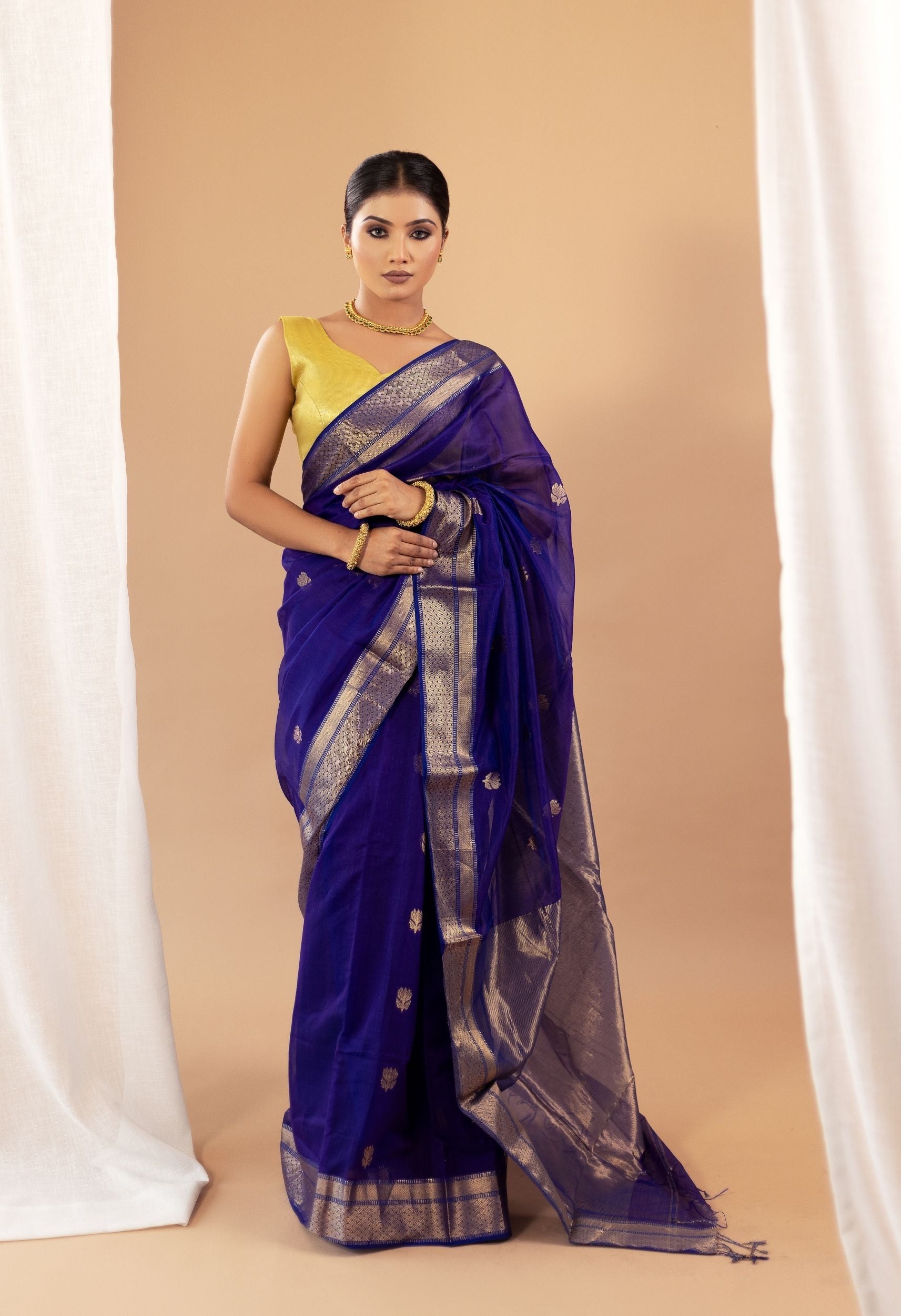 ROYAL BLUE MAHESHWARI SILK SAREE WITH GOLEN ZARI WORK