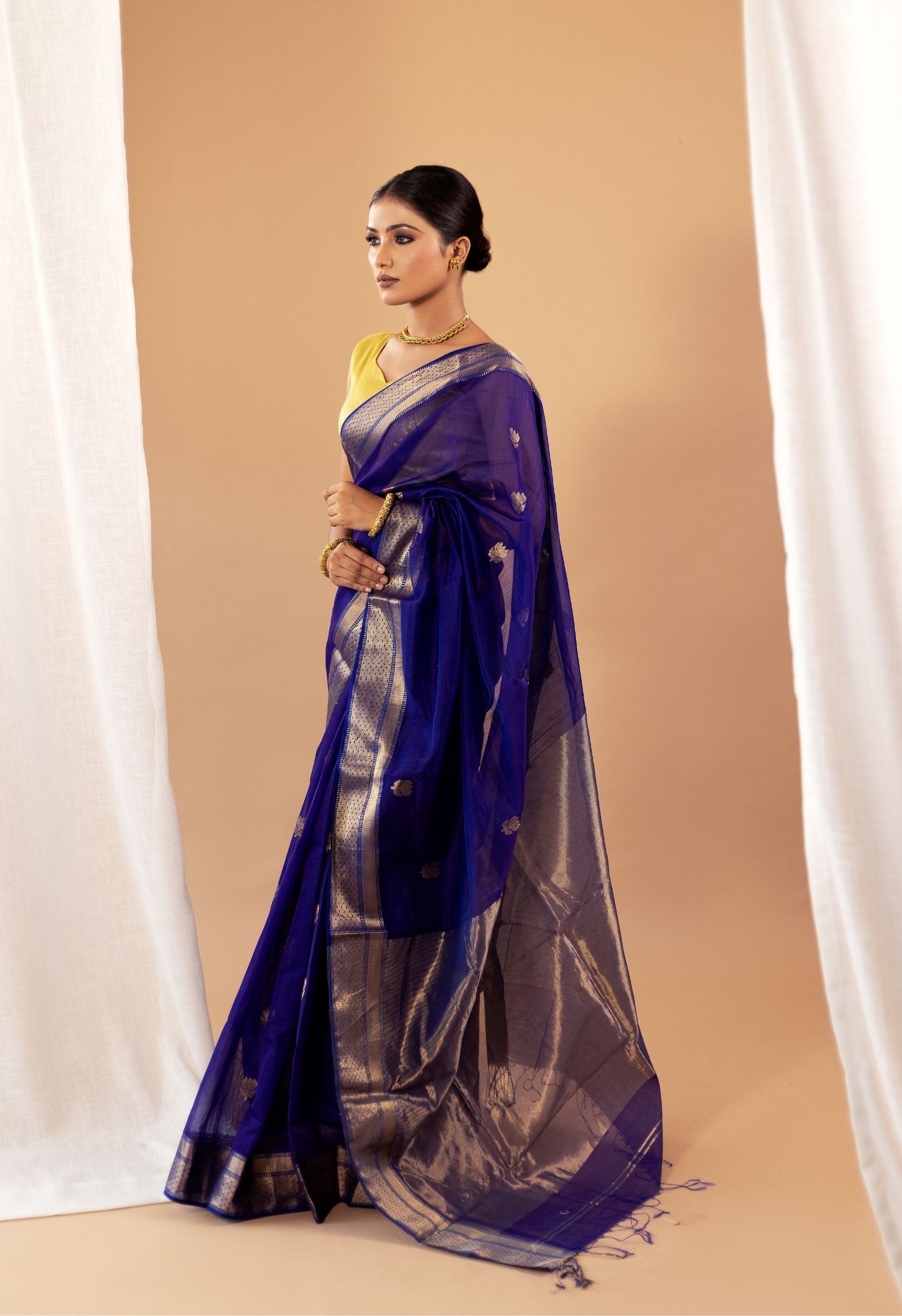 ROYAL BLUE MAHESHWARI SILK SAREE WITH GOLEN ZARI WORK