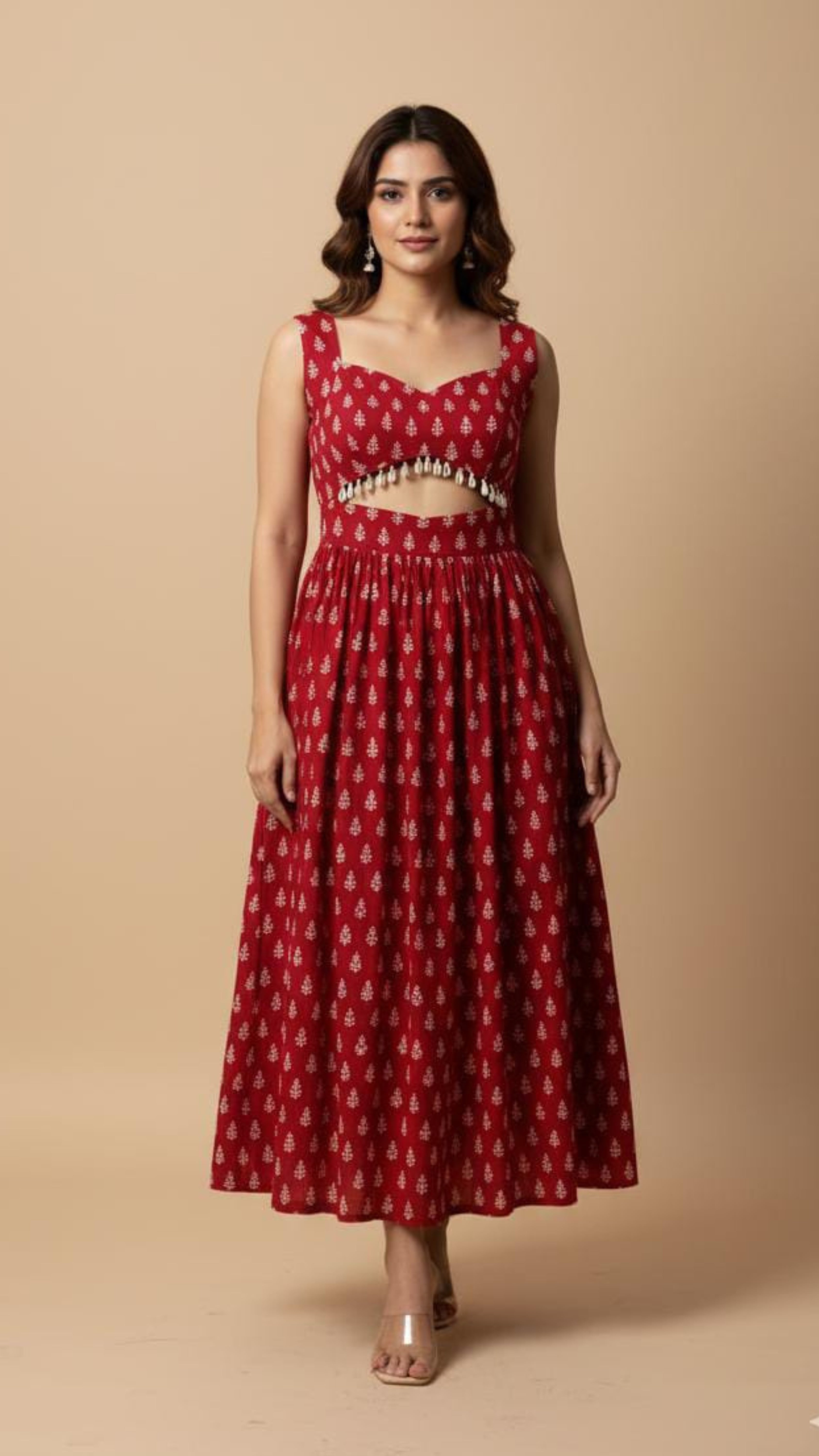 RED WHITE  BAGH PRINT DRESS