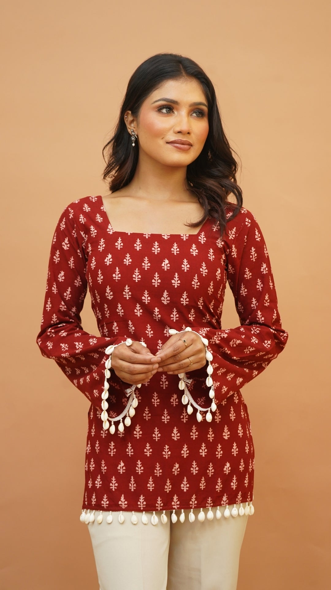 RED WHITE BAGH PRINT SHORT KURTI