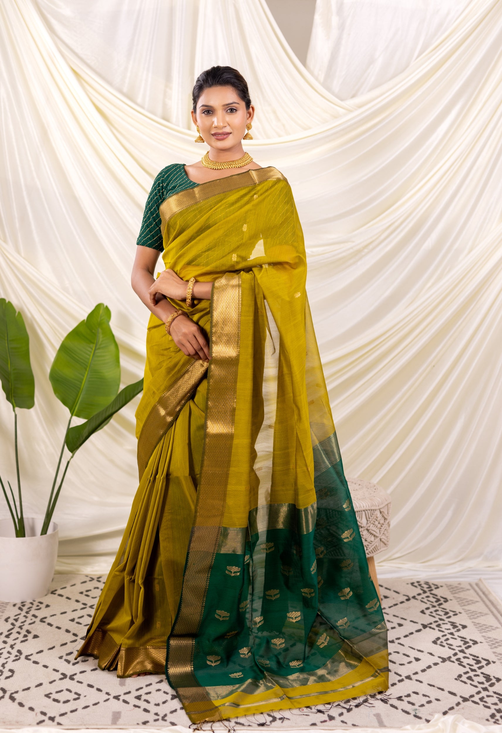 YELLOW GREEN  LOTUS BUTTA MAHESHWARI SAREE