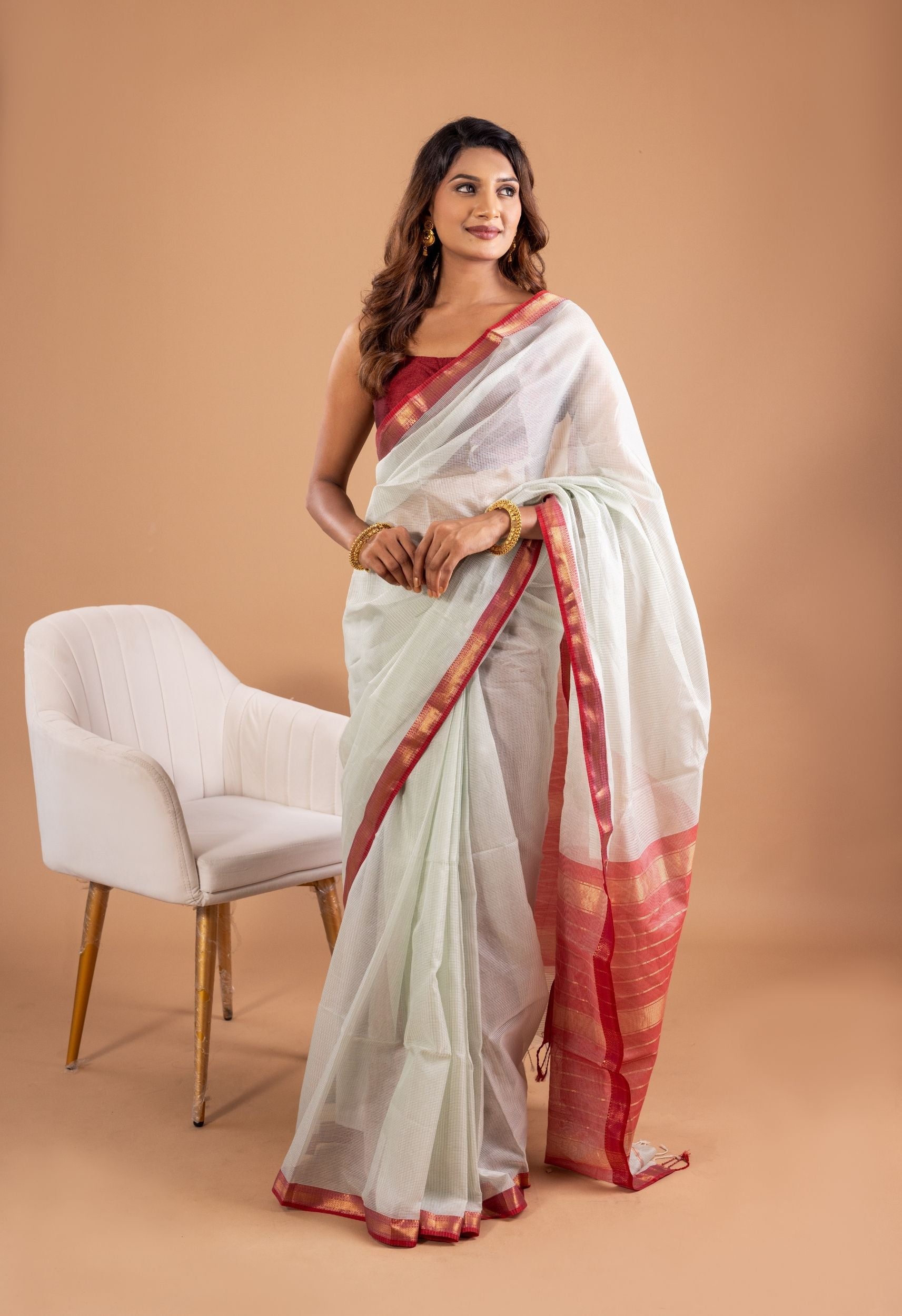 PASTEL MINT SELF CHECKES MAHESHWARI SAREE