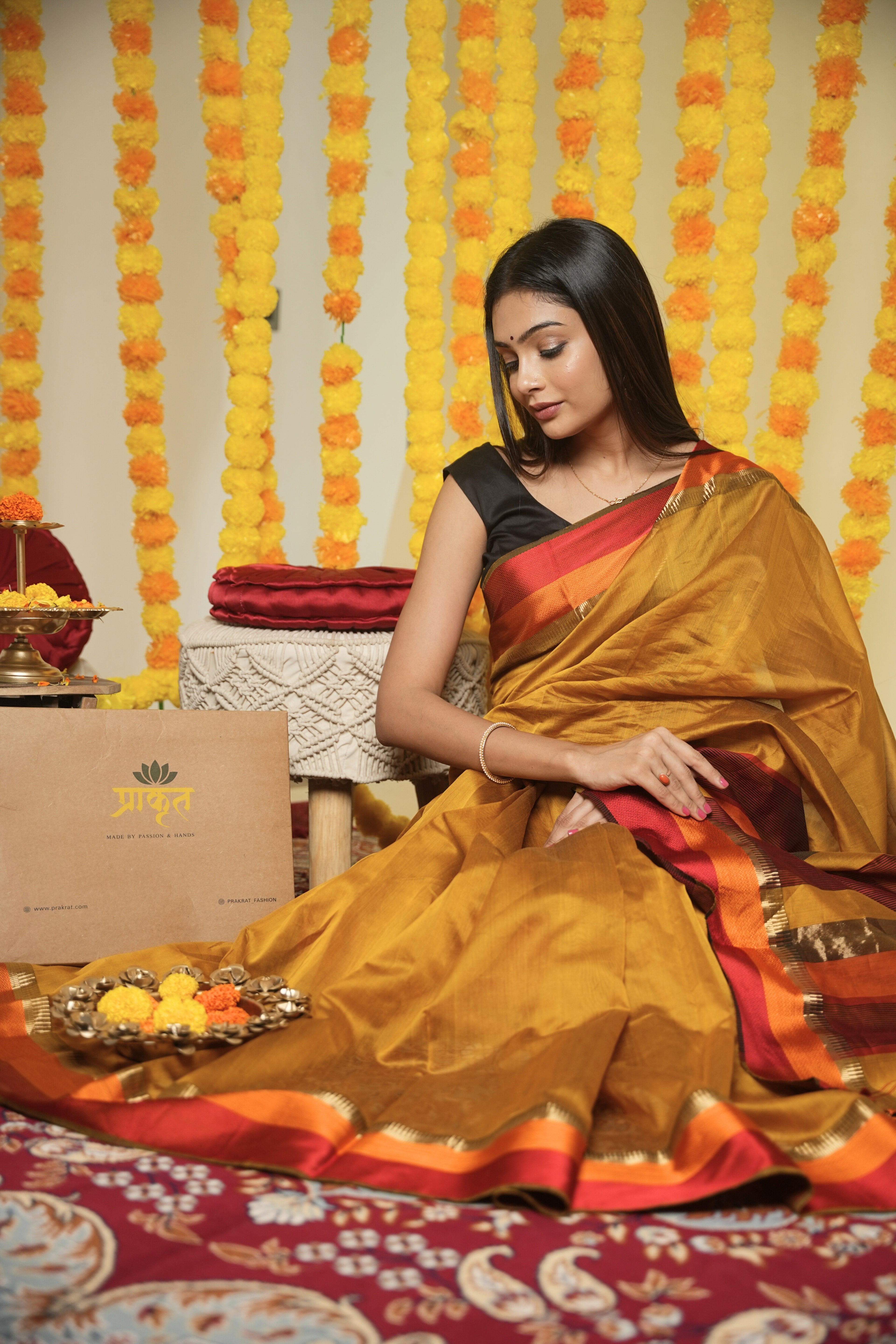MARIGOLD MULTICOLOR SATTIN BORDER MAHESHWARI SAREE