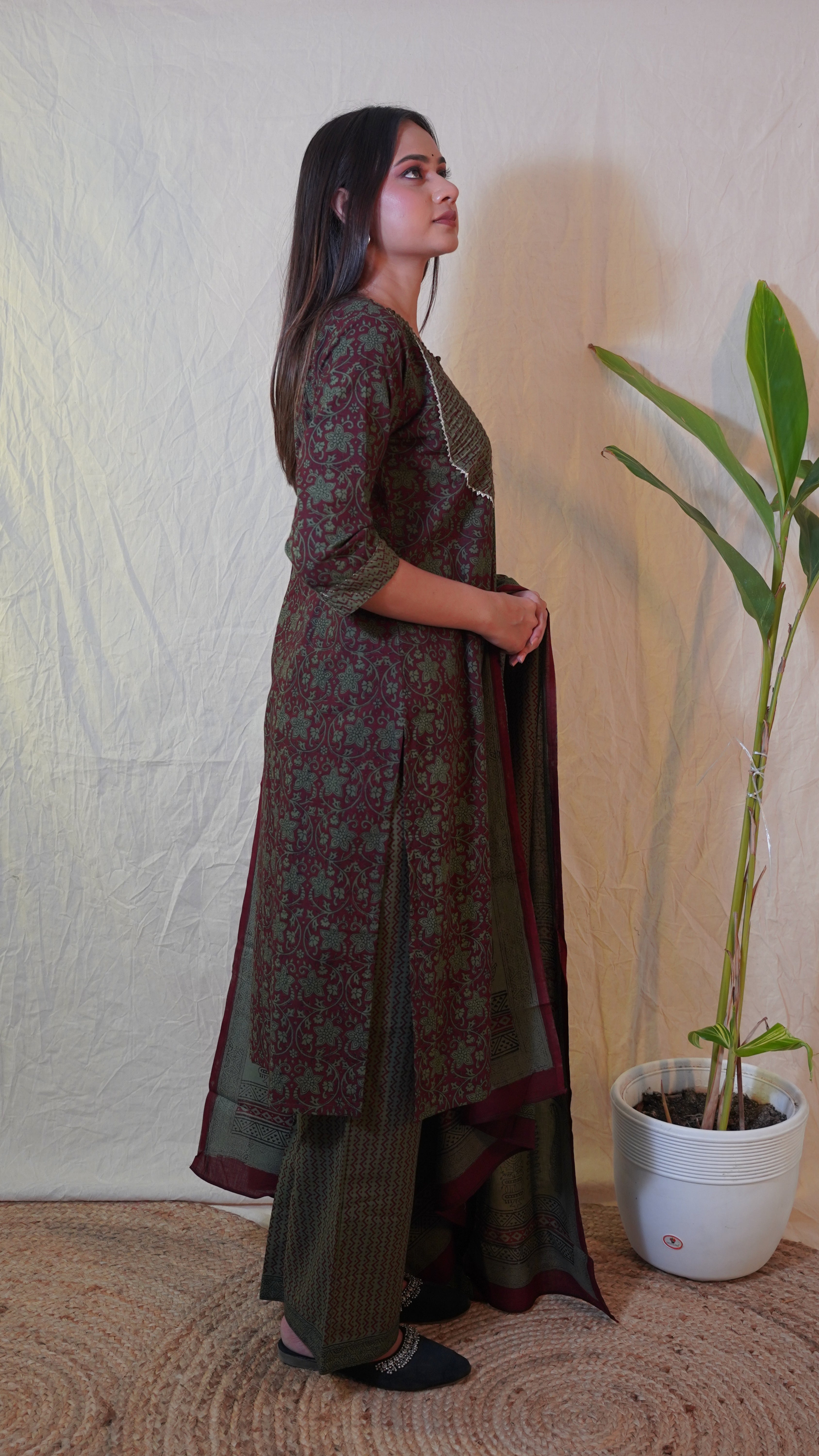 GREY GREEN BAGH PRINT SUIT SET