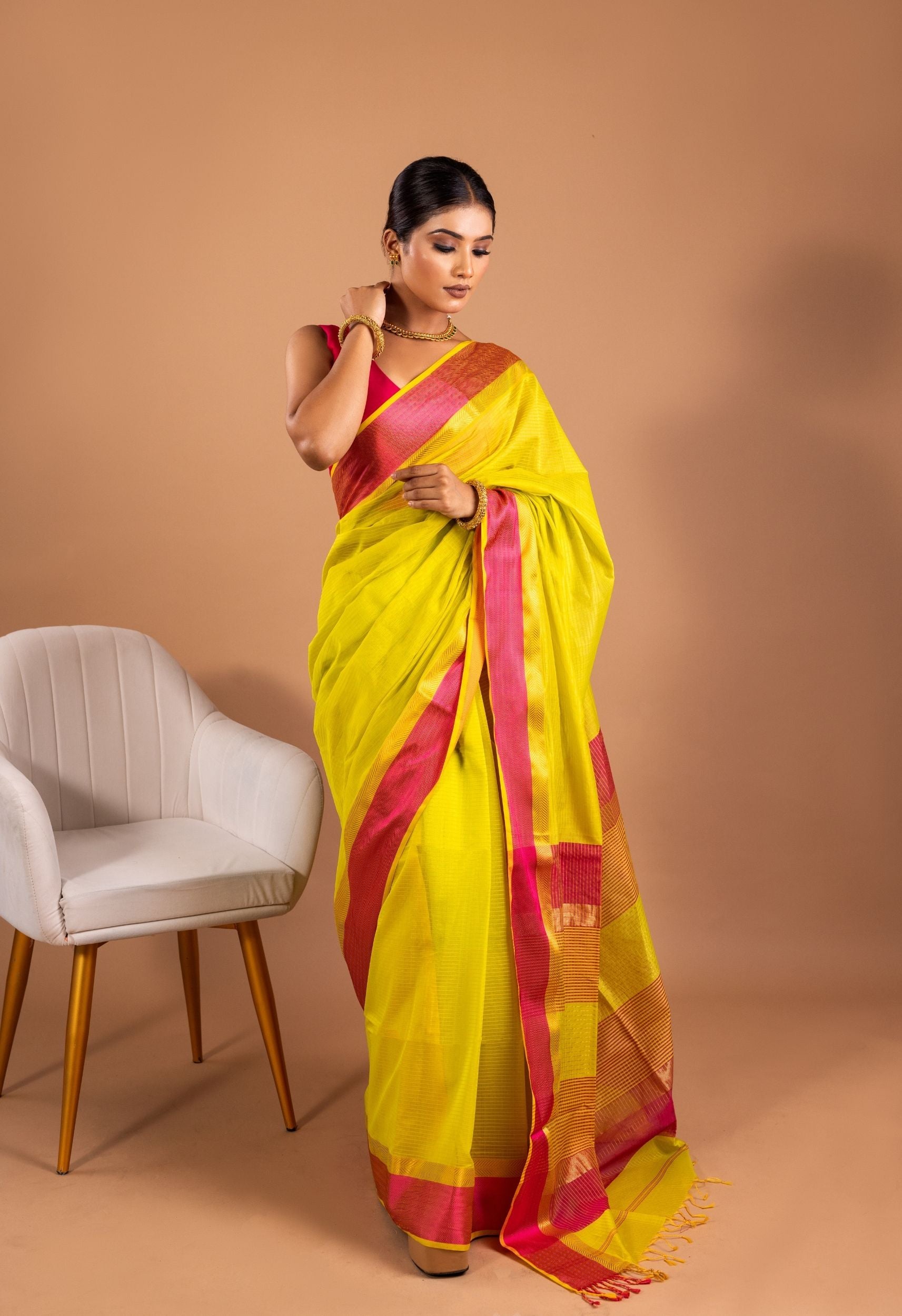 YELLOW  PINK BORDER MAHESHWARI SAREE