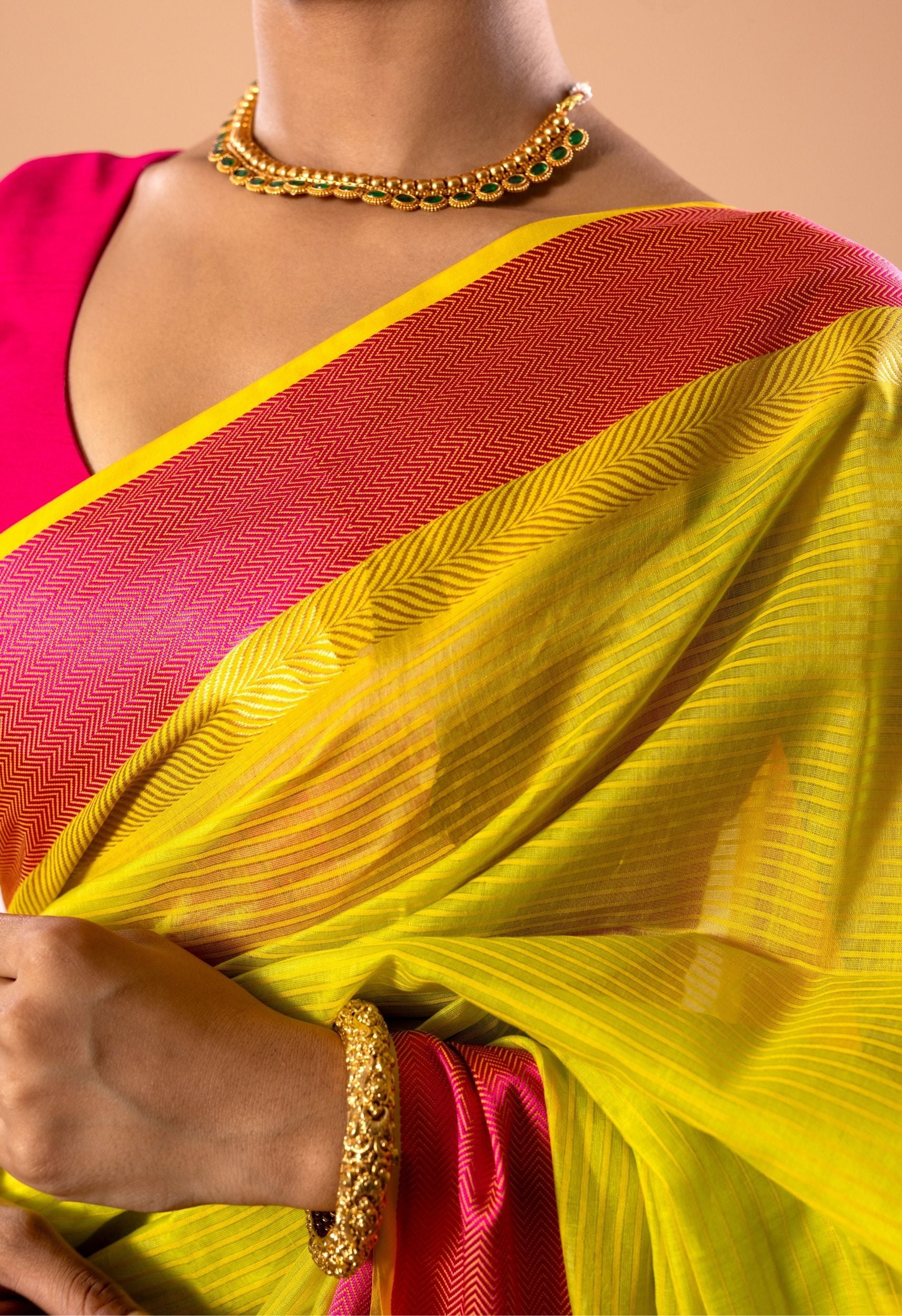 YELLOW  PINK BORDER MAHESHWARI SAREE