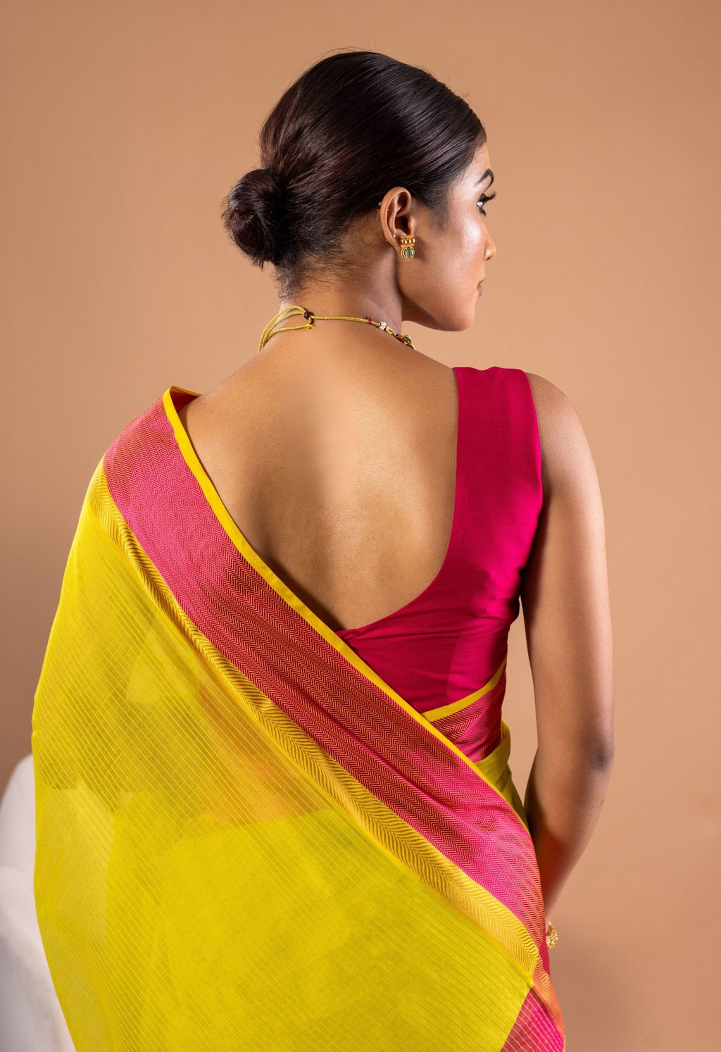 YELLOW  PINK BORDER MAHESHWARI SAREE