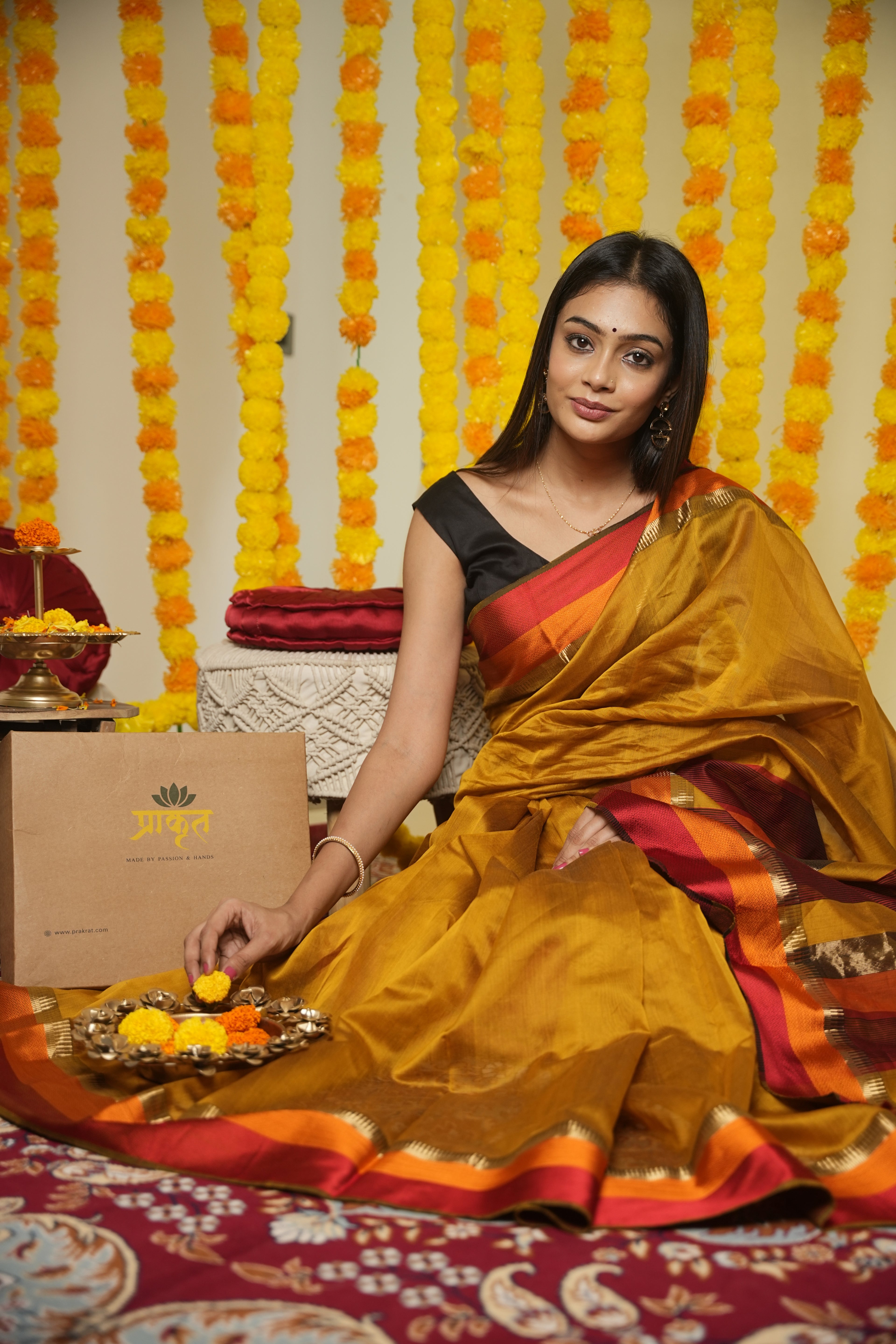 MARIGOLD MULTICOLOR SATTIN BORDER MAHESHWARI SAREE