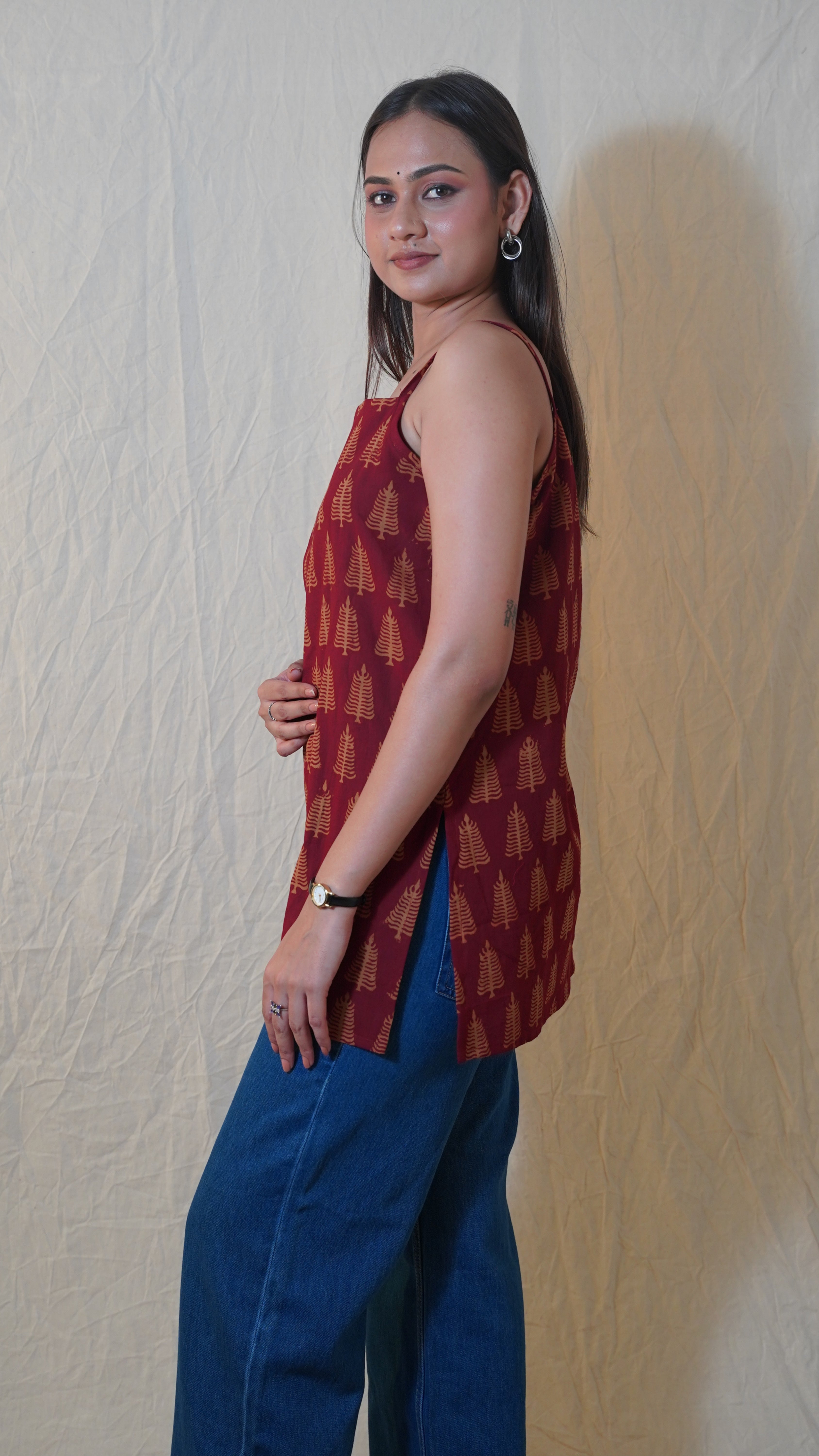 MAROON RED BAGH PRINT SHORT KURTI