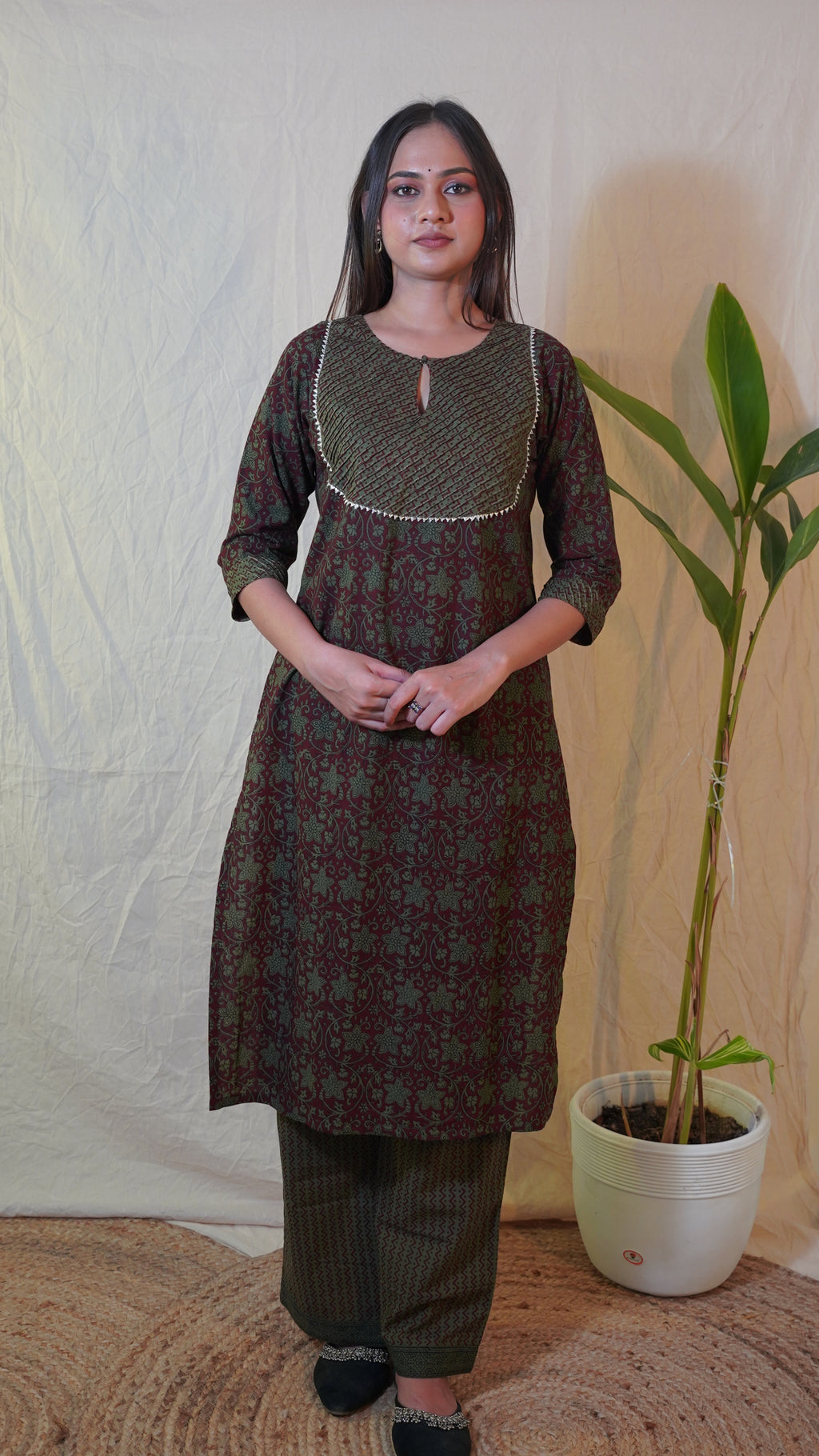 GREY GREEN BAGH PRINT SUIT SET