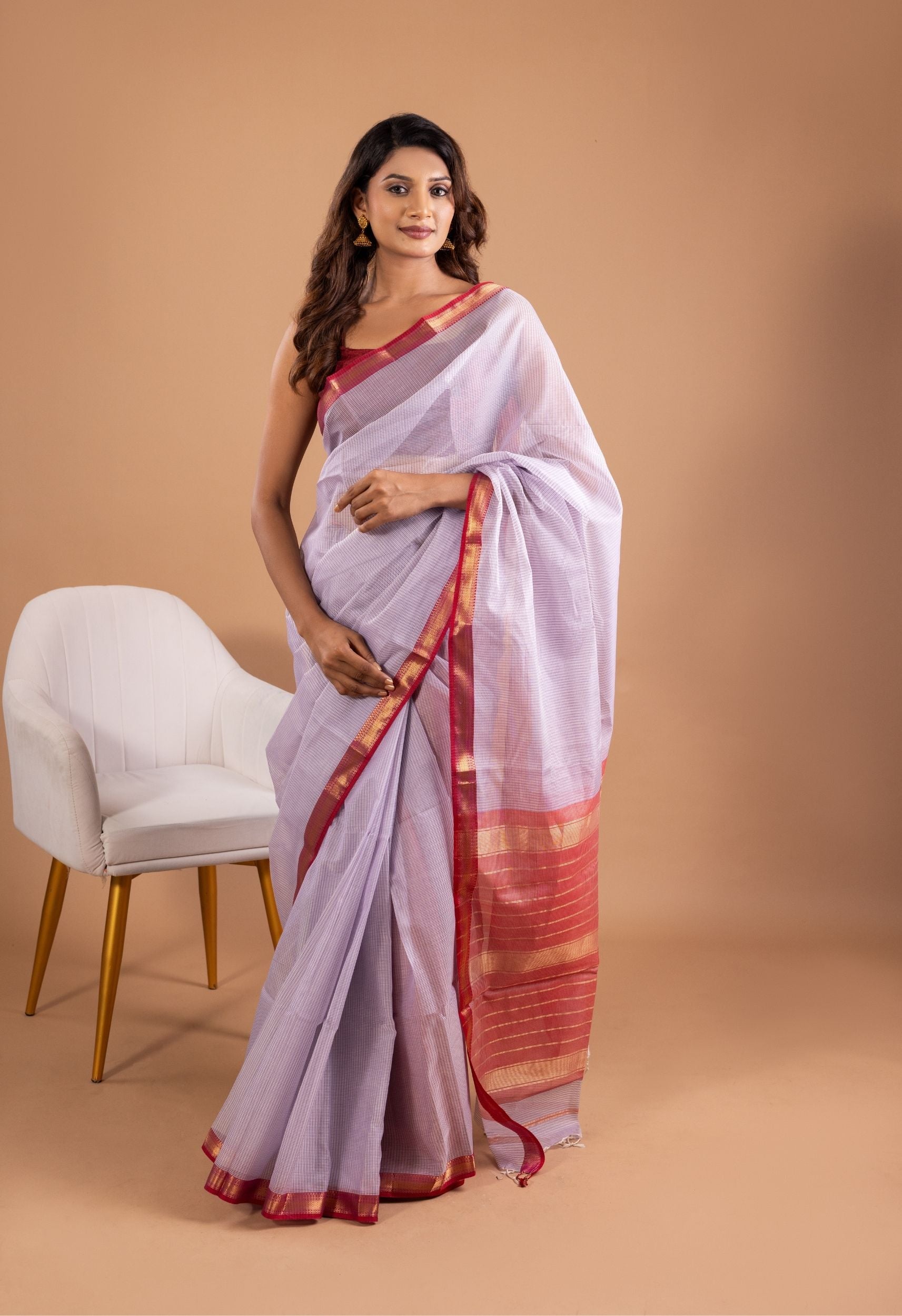 LAVENDER SELF CHECKES MAHESHWARI SAREE
