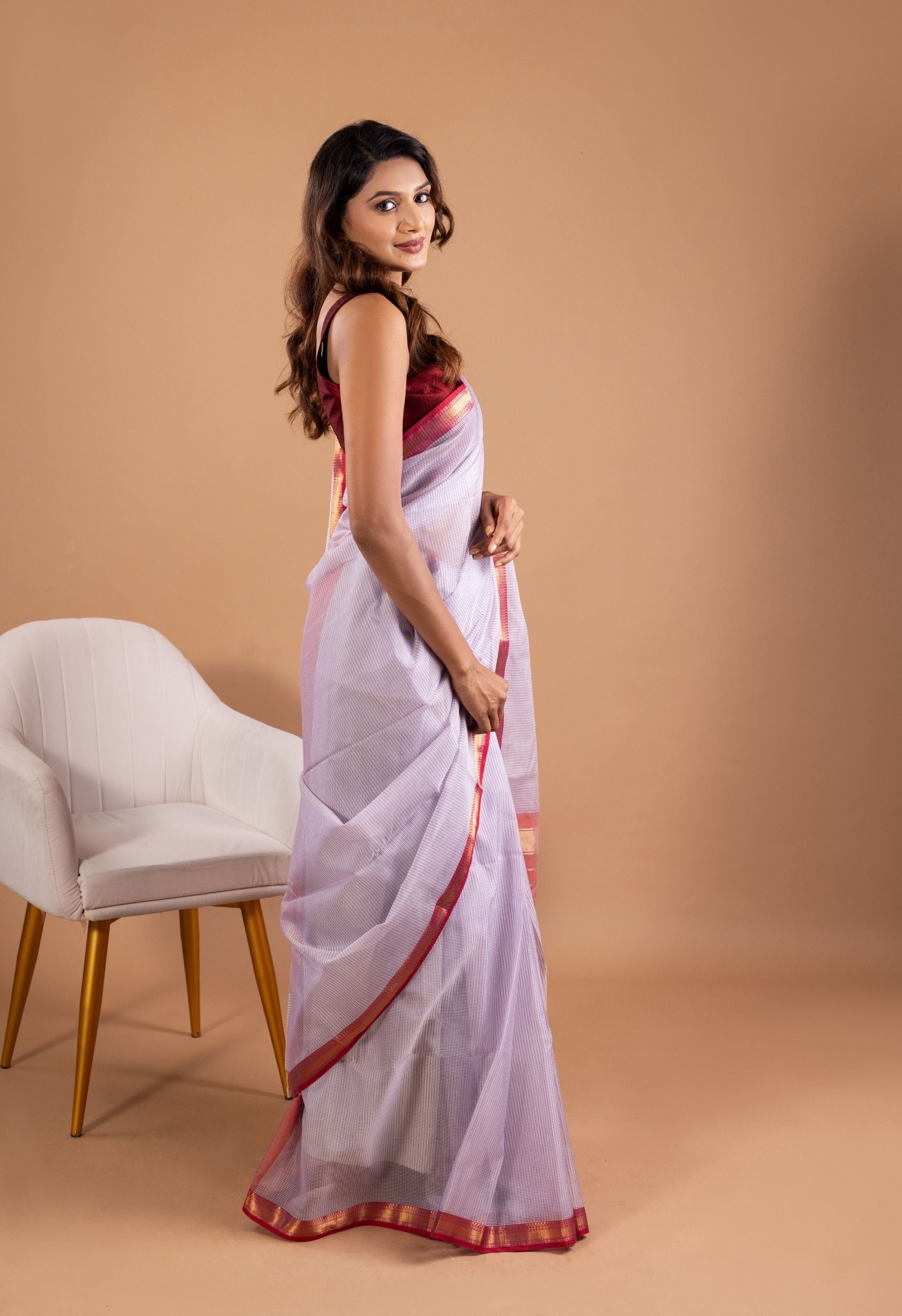 LAVENDER SELF CHECKES MAHESHWARI SAREE