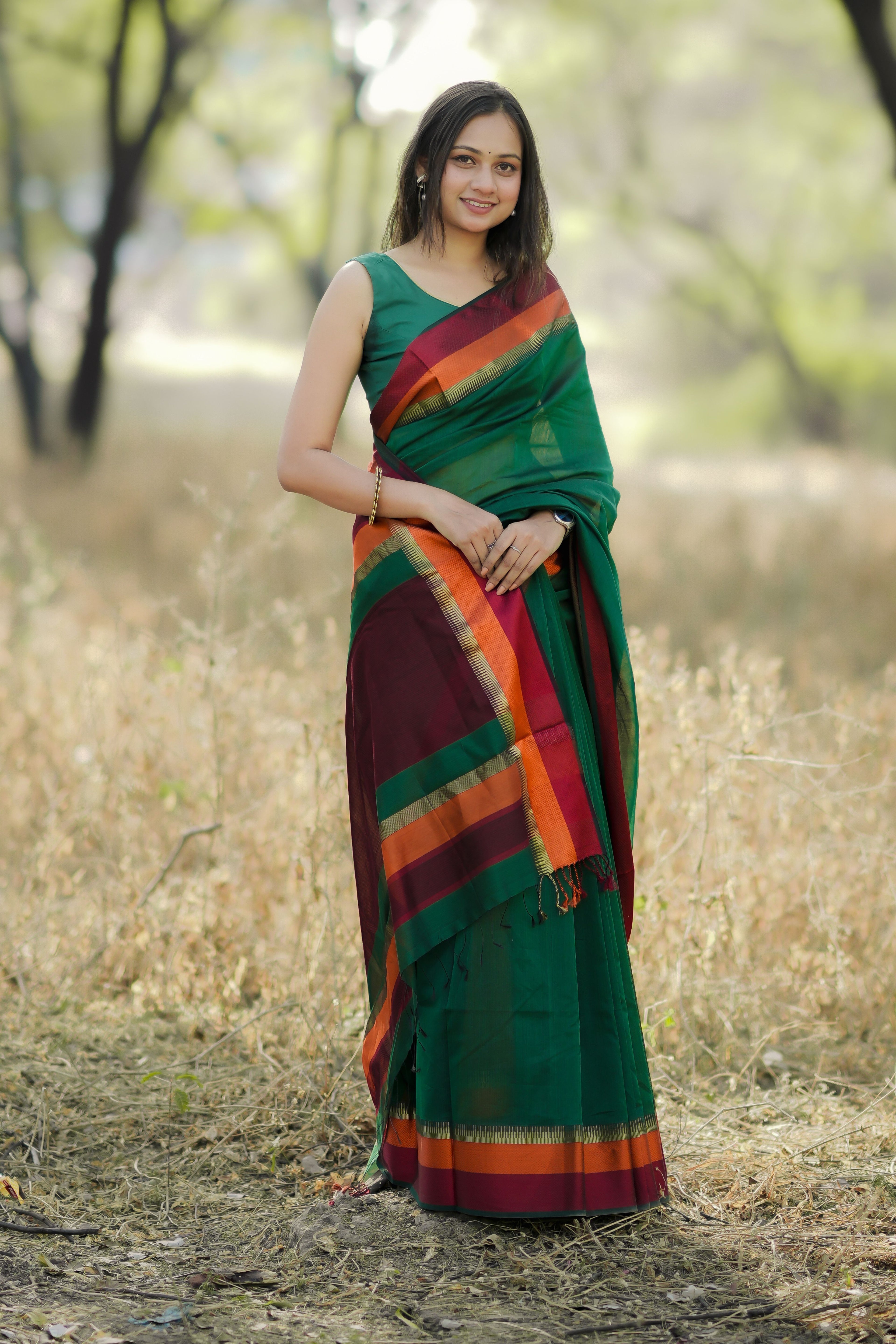 GREEN MULTICOLOR SATTIN BORDER MAHESHWARI SAREE