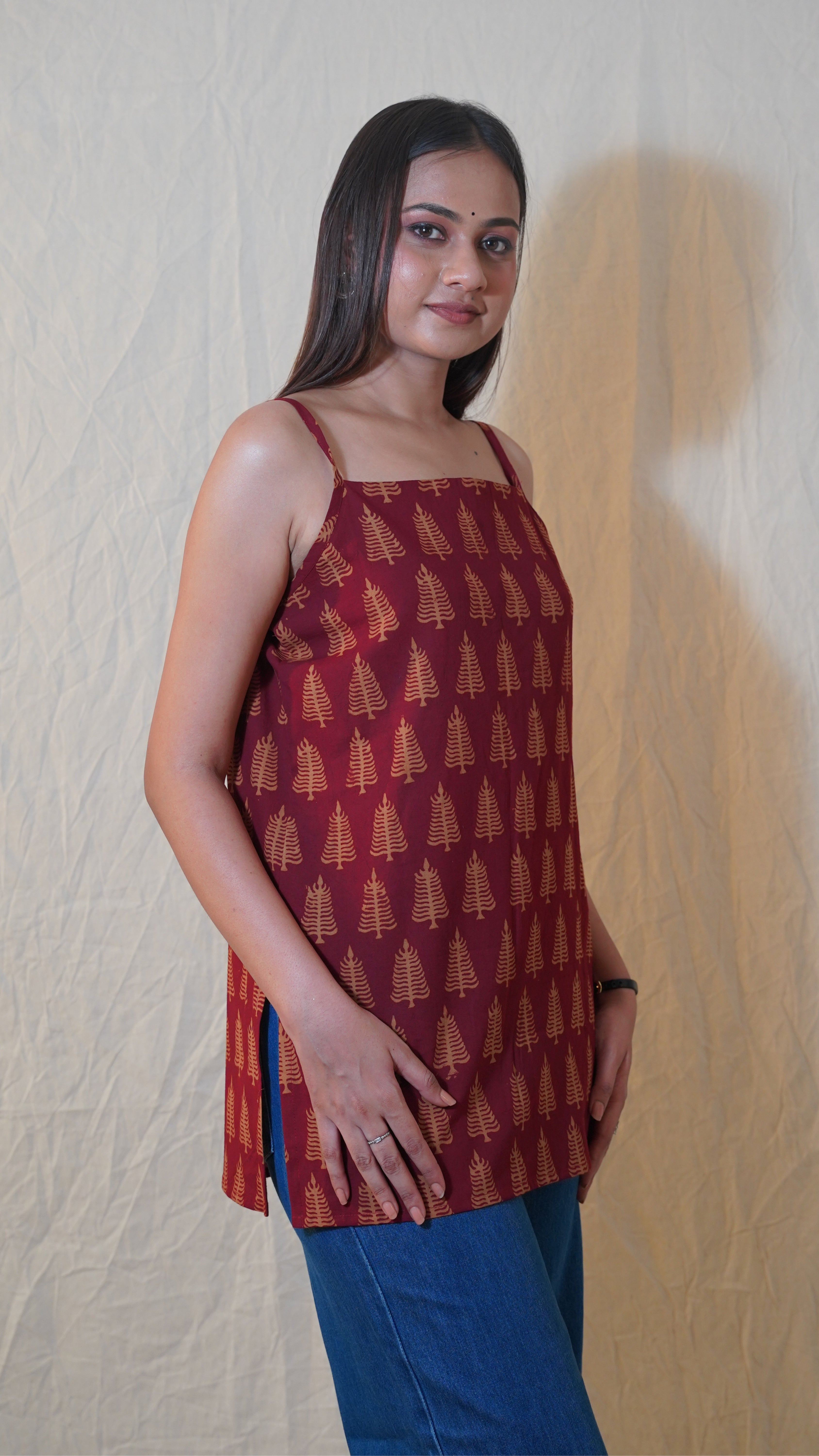 MAROON RED BAGH PRINT SHORT KURTI