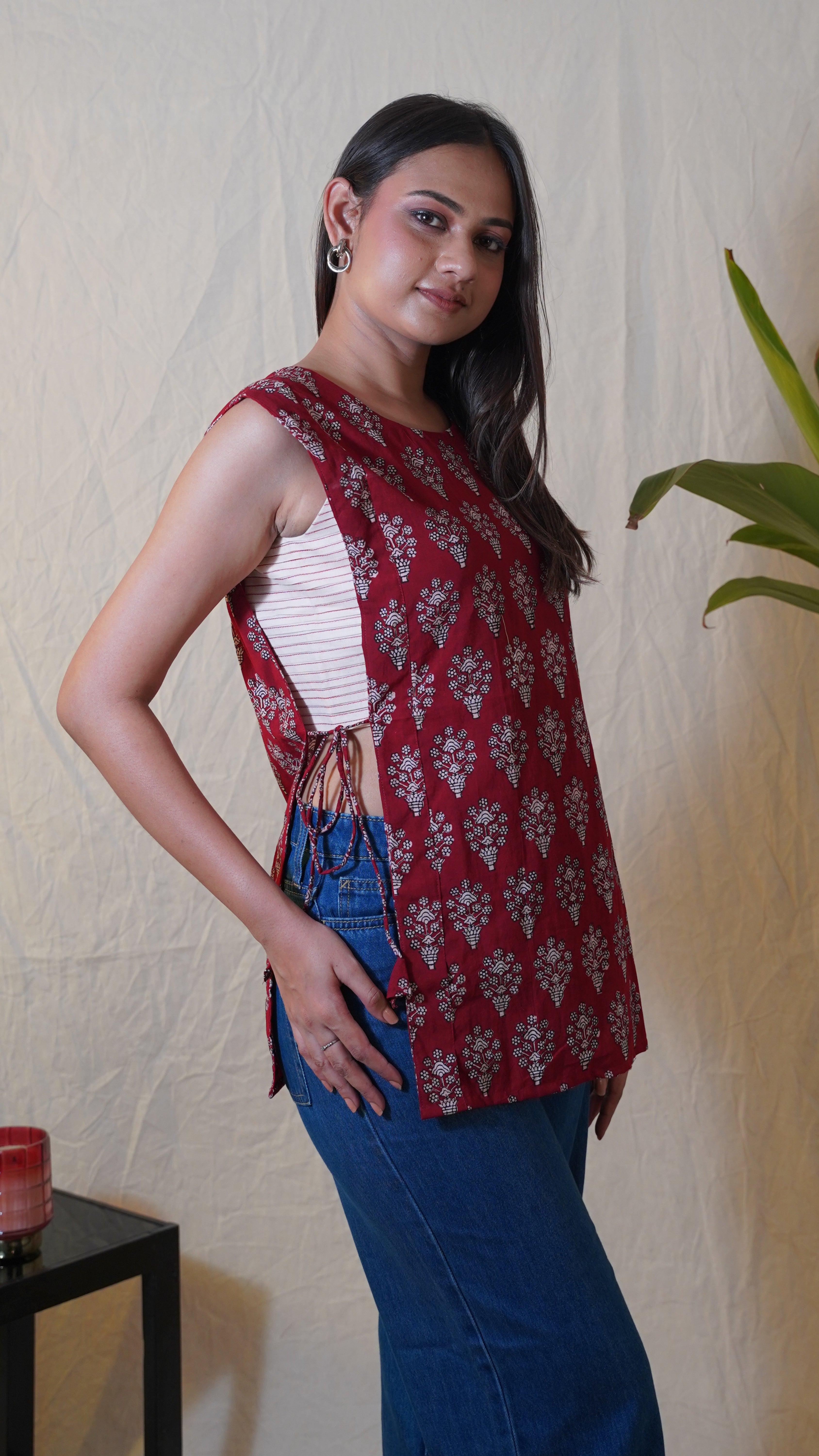 RED BEIGH BAGH PRINT SHORT KURTI
