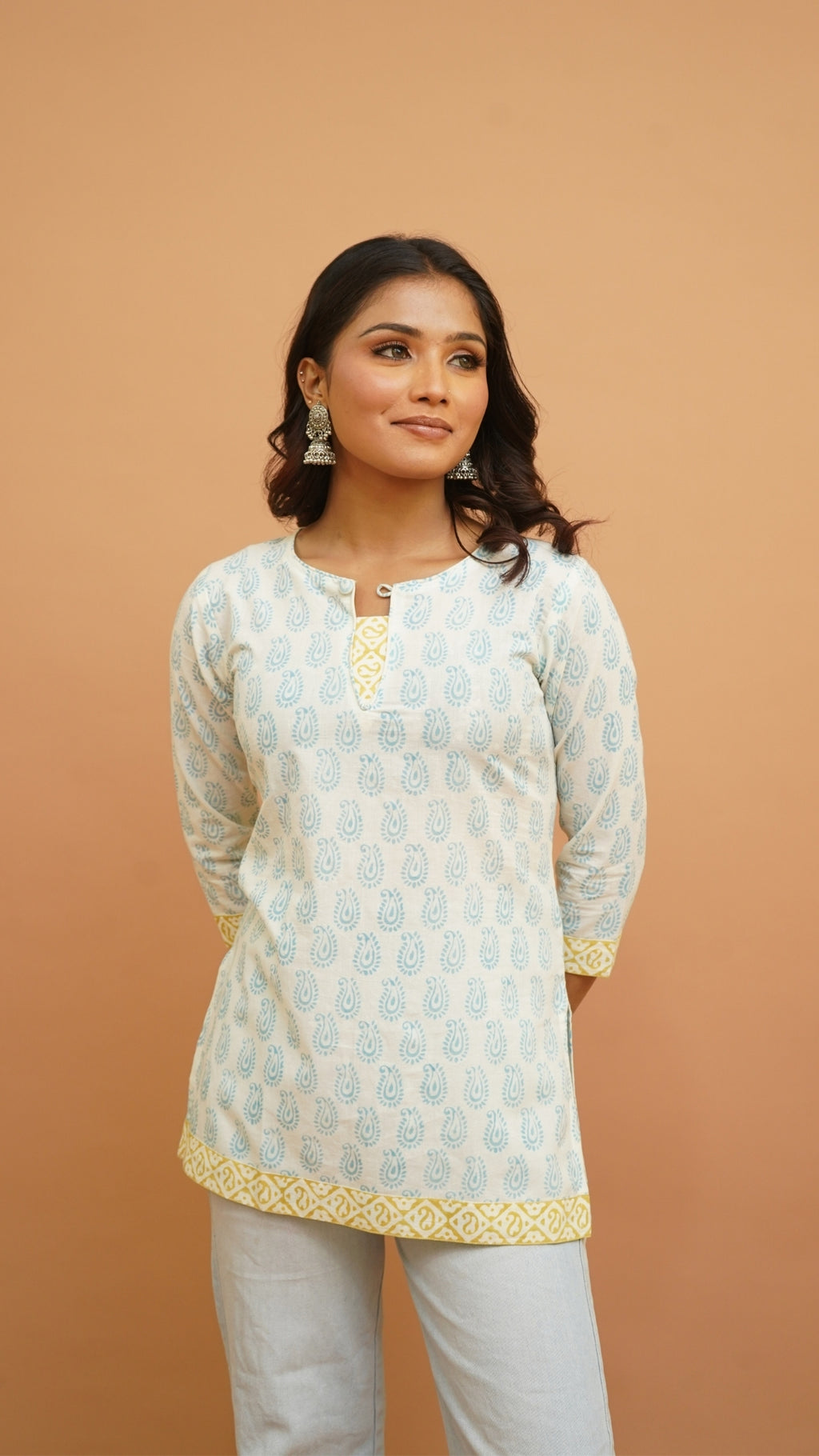 WHITE INDIGO BAGH PRINT SHORT KURTI