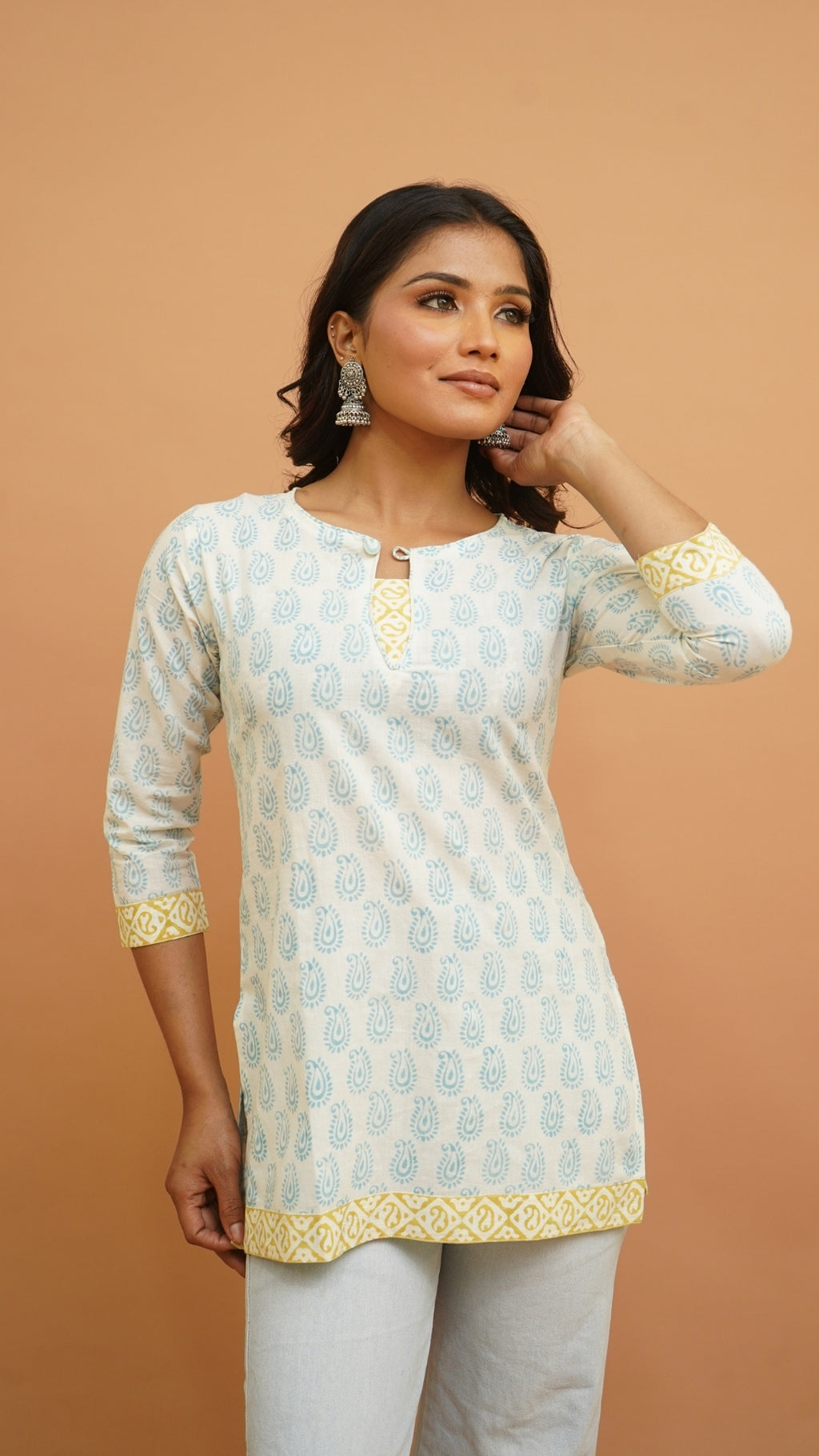 WHITE INDIGO BAGH PRINT SHORT KURTI