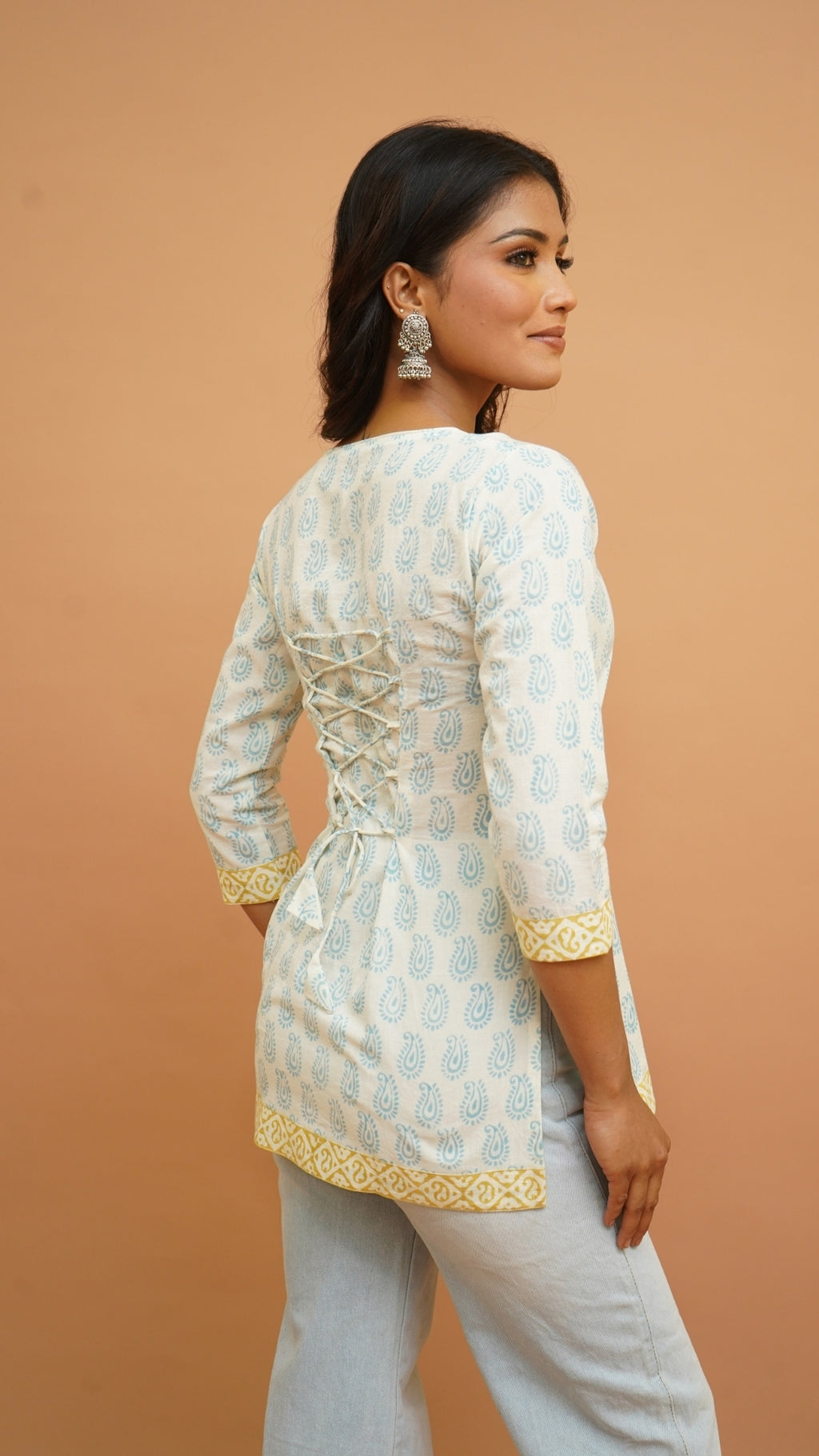 WHITE INDIGO BAGH PRINT SHORT KURTI