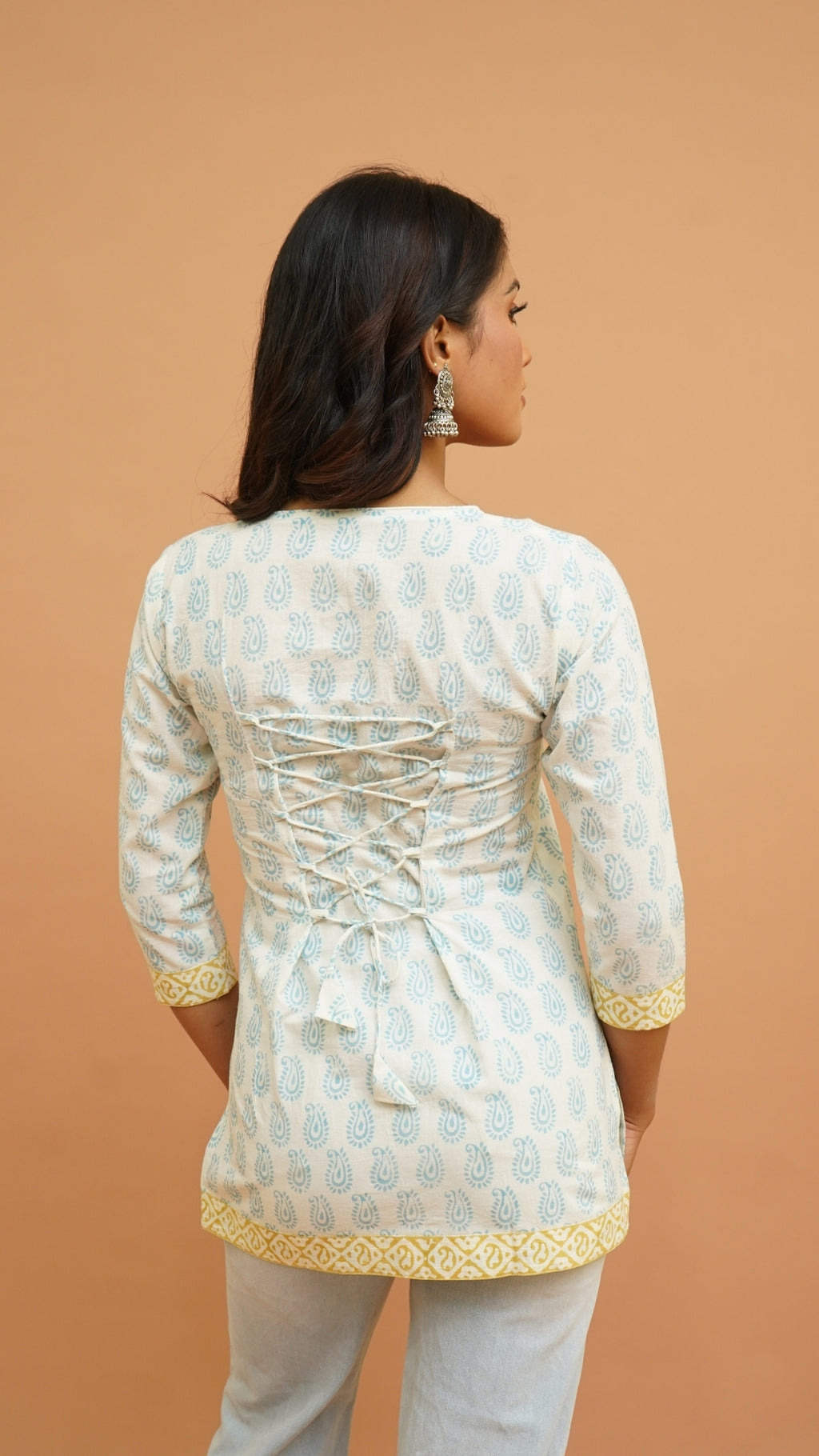 WHITE INDIGO BAGH PRINT SHORT KURTI