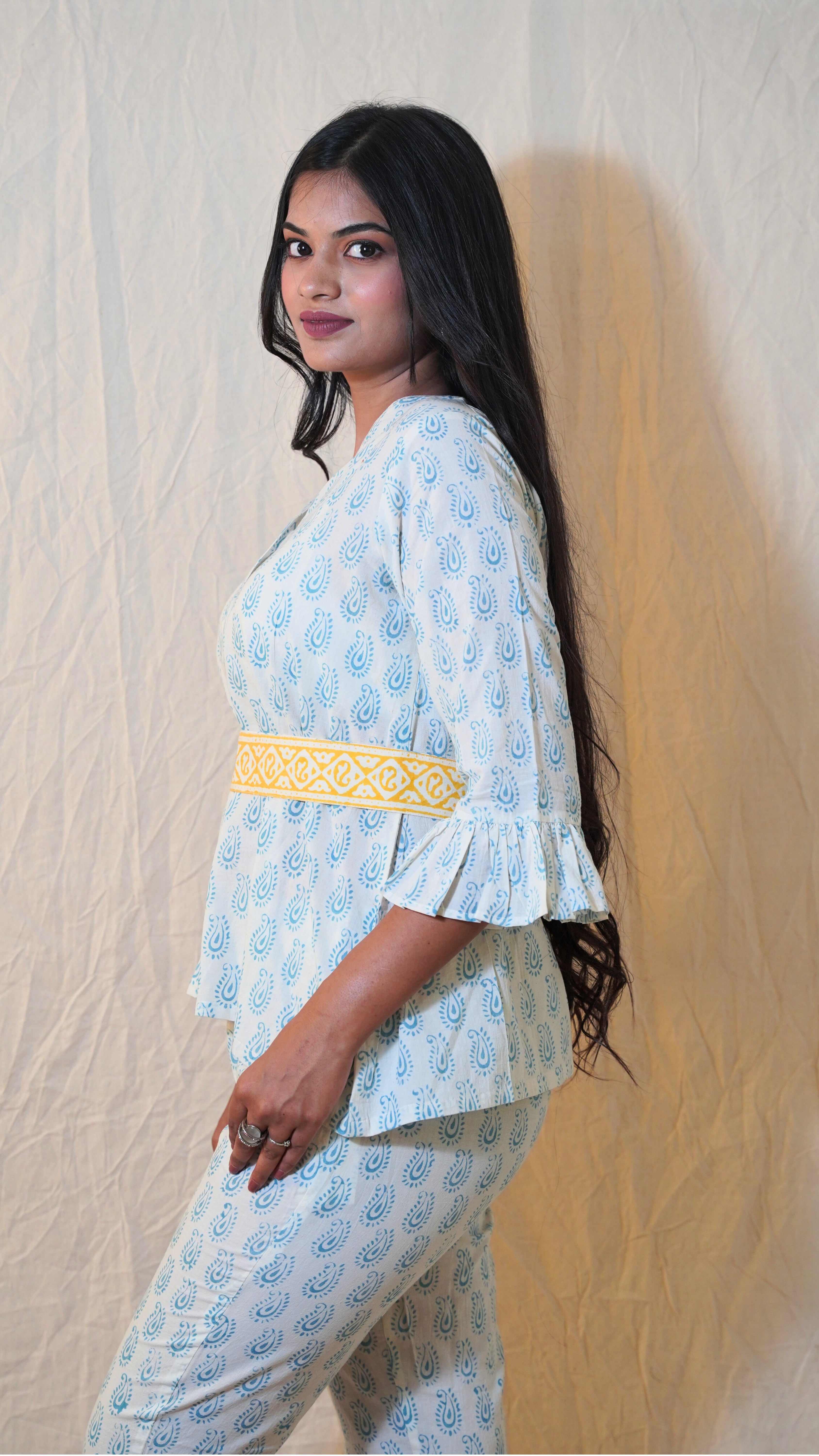 PEARL WHITE INDIGO BAGH PRINT CO-ORD SET