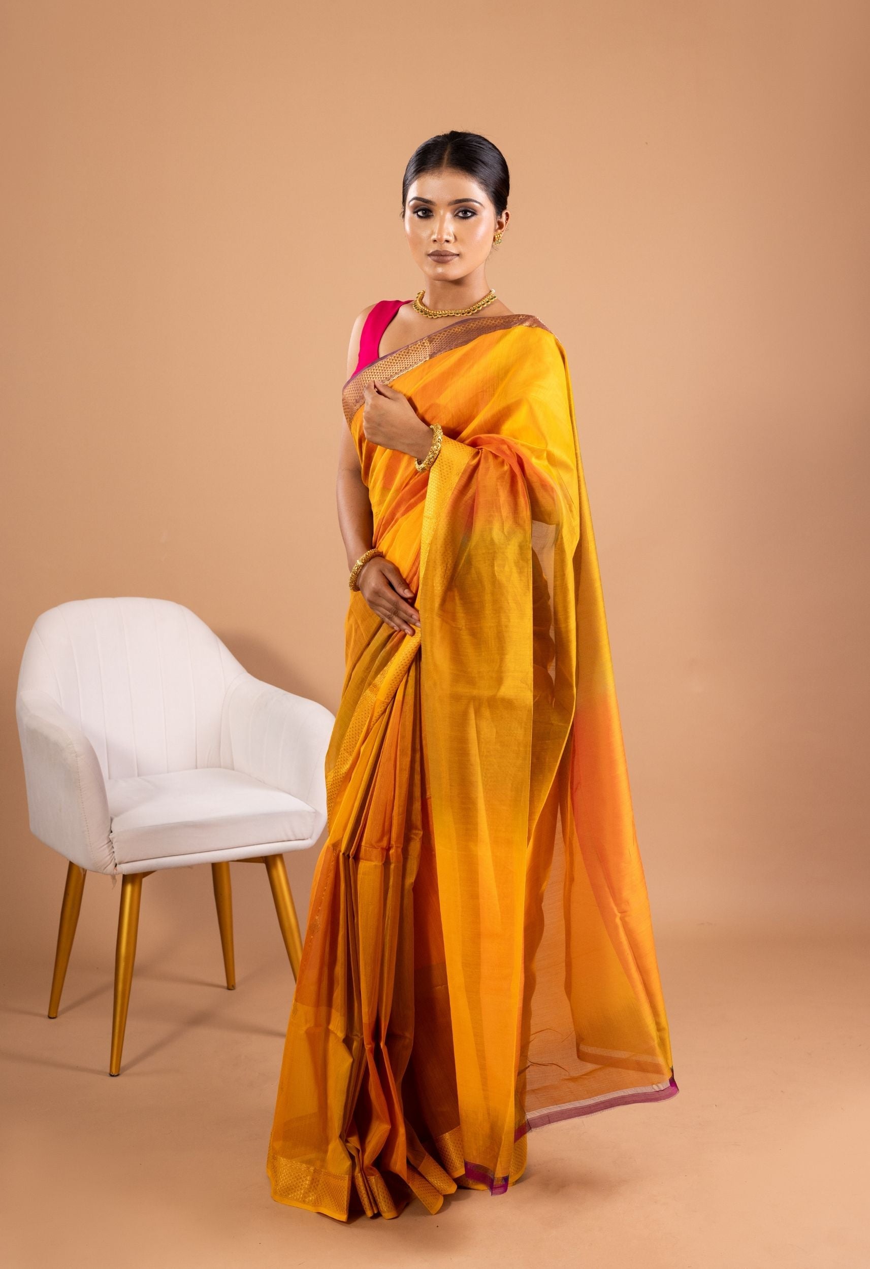 MUSTARD YELLOW VERTICAL BOOTI MAHESHWARI SILK SAREE