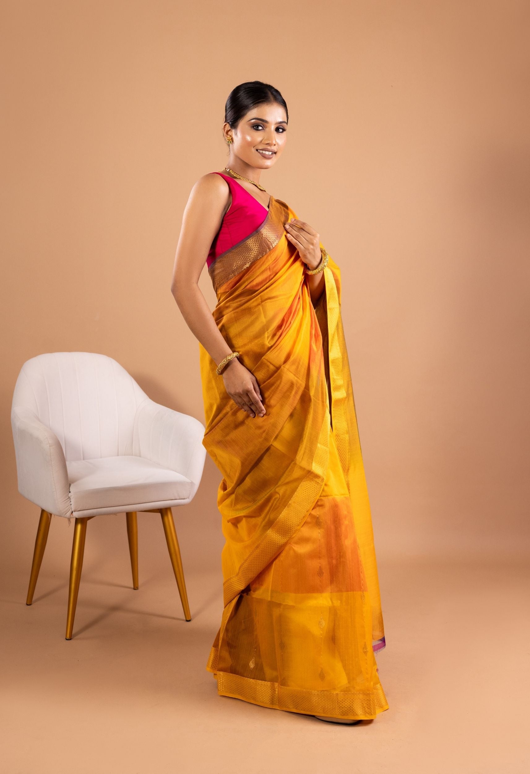 MUSTARD YELLOW VERTICAL BOOTI MAHESHWARI SILK SAREE