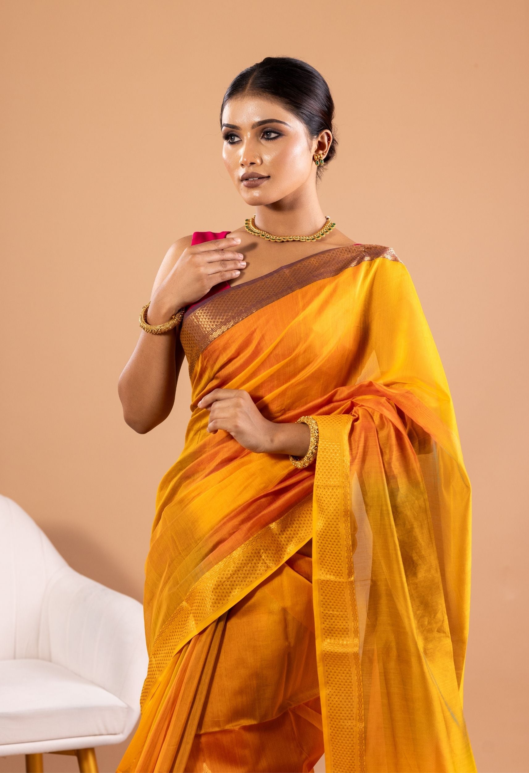 MUSTARD YELLOW VERTICAL BOOTI MAHESHWARI SILK SAREE