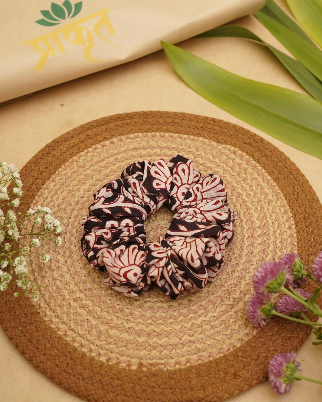 BLACK RED BAGH PRINT SCRUNCHIES