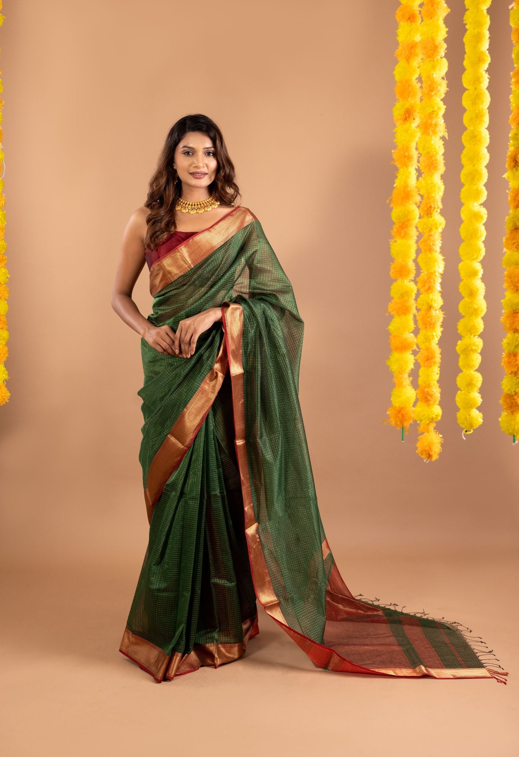 GREEN ZARI CHECKS MAHESHWARI SARRE