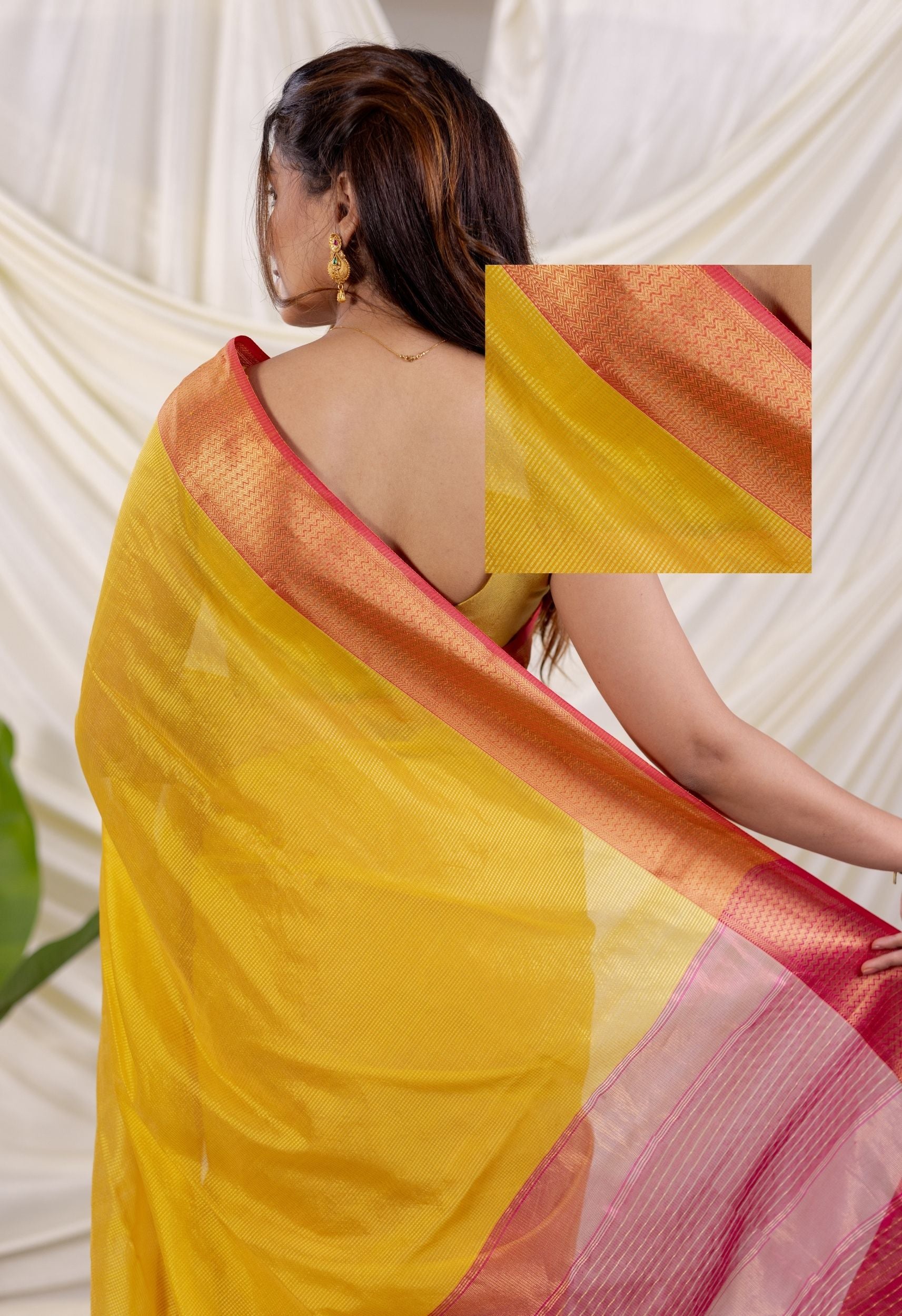 YELLOW PINK BORDER MAHESHWARI SAREE