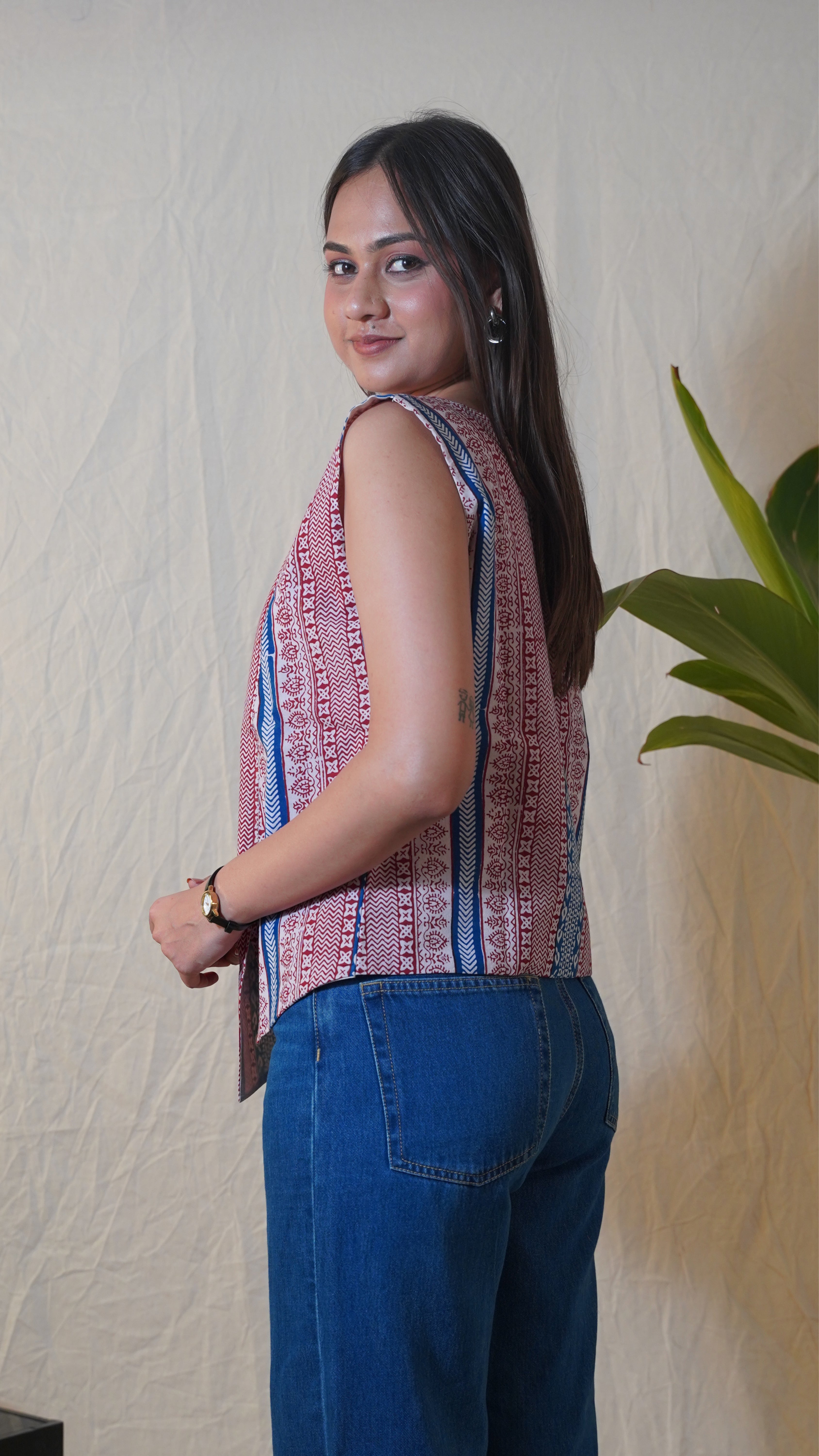 RUST RED INDIGO  STRIPED SLEEVELESS BAGH PRINT TOP