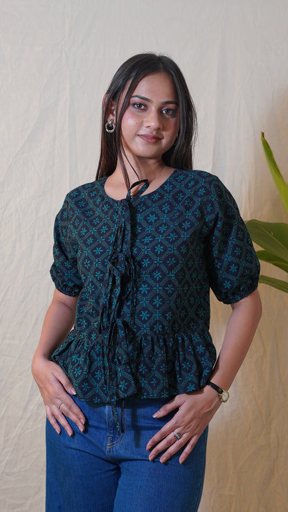 GREEN FLORAL BAGH PRINT  TOP
