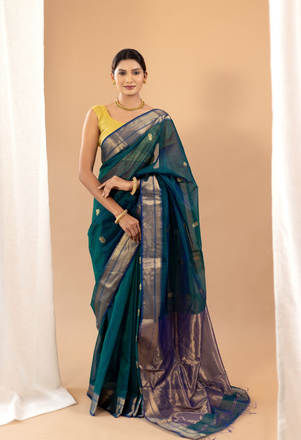 PEACOCK GREEN MAHESHWARI SILK SAREE WITH GOLEN ZARI WORK